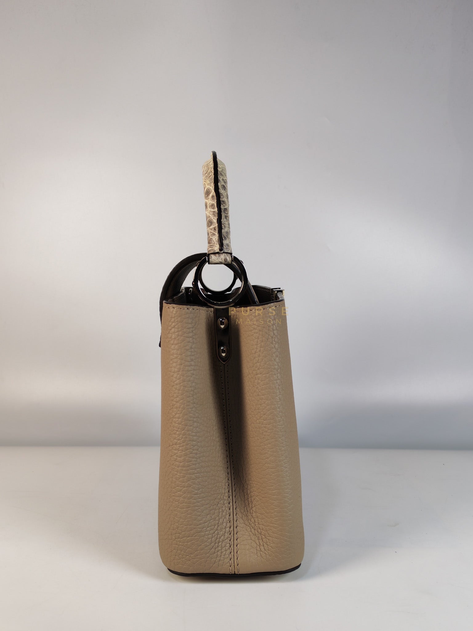 Capucines BB in Galet/Himalayan Top Handle Taurillon Leather | Purse Maison Luxury Bags Shop