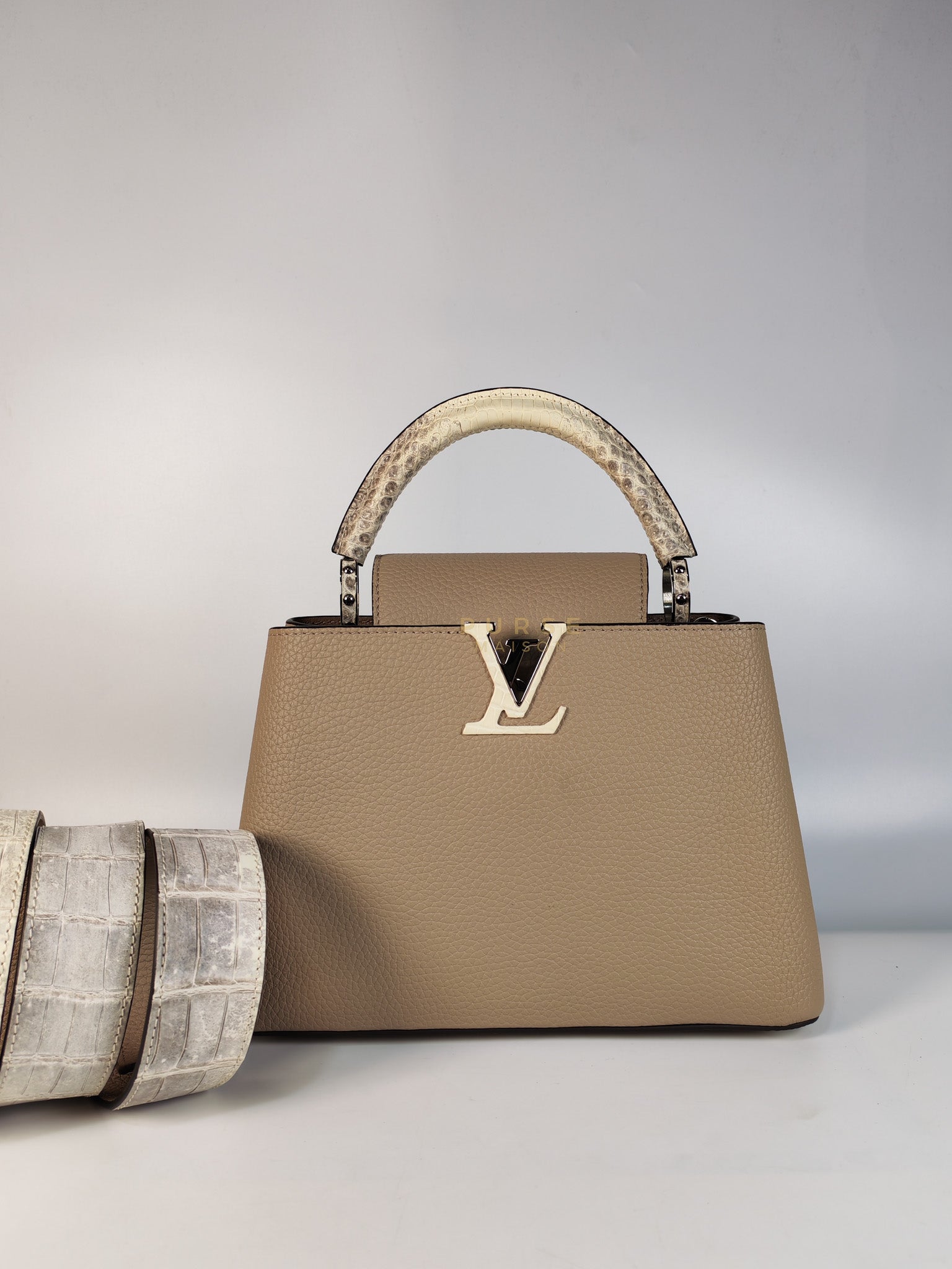 Capucines BB in Galet/Himalayan Top Handle Taurillon Leather | Purse Maison Luxury Bags Shop