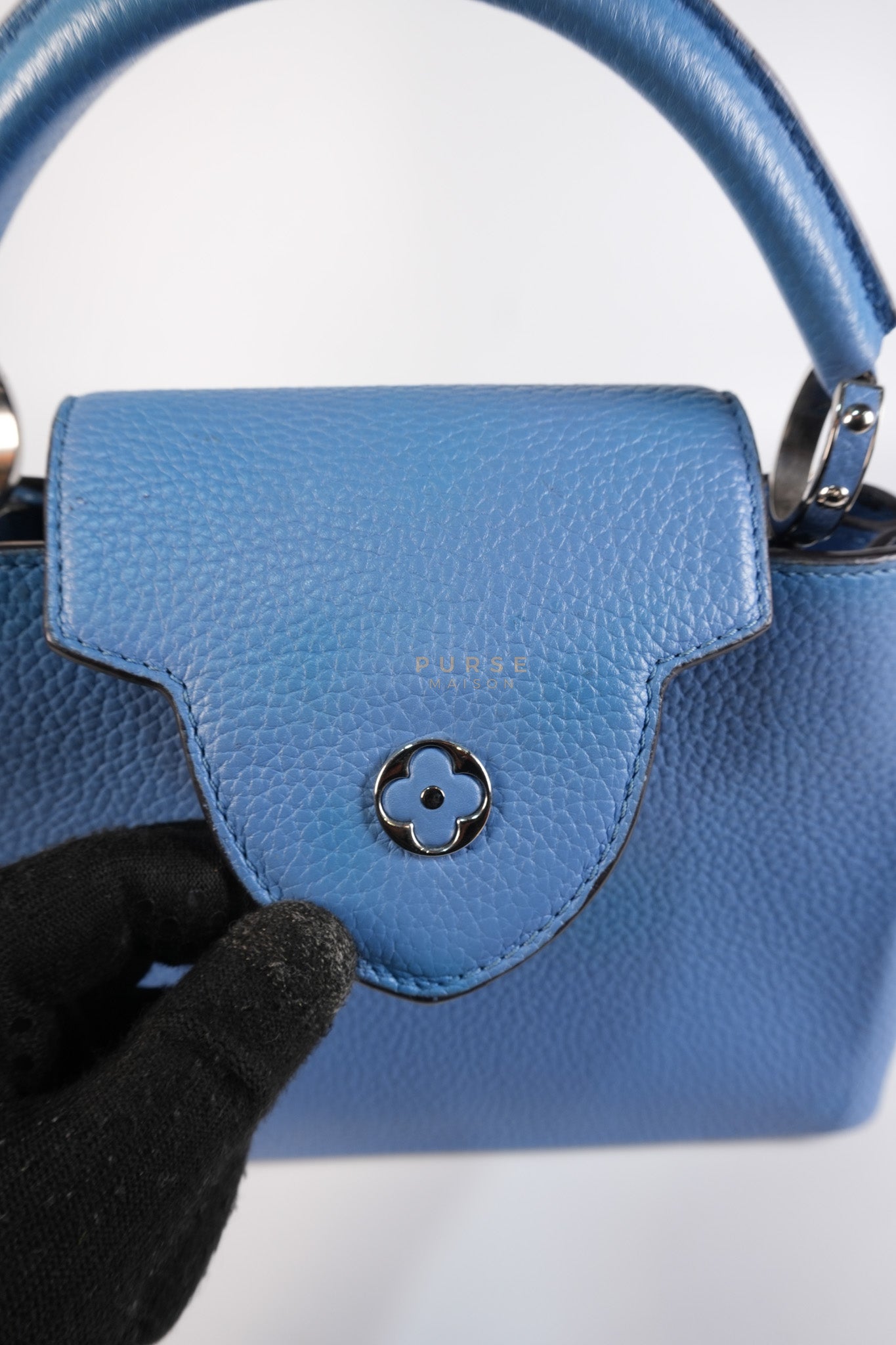 Capucines BB in Light Blue Taurillon Leather Silver Hardware | Purse Maison Luxury Bags Shop