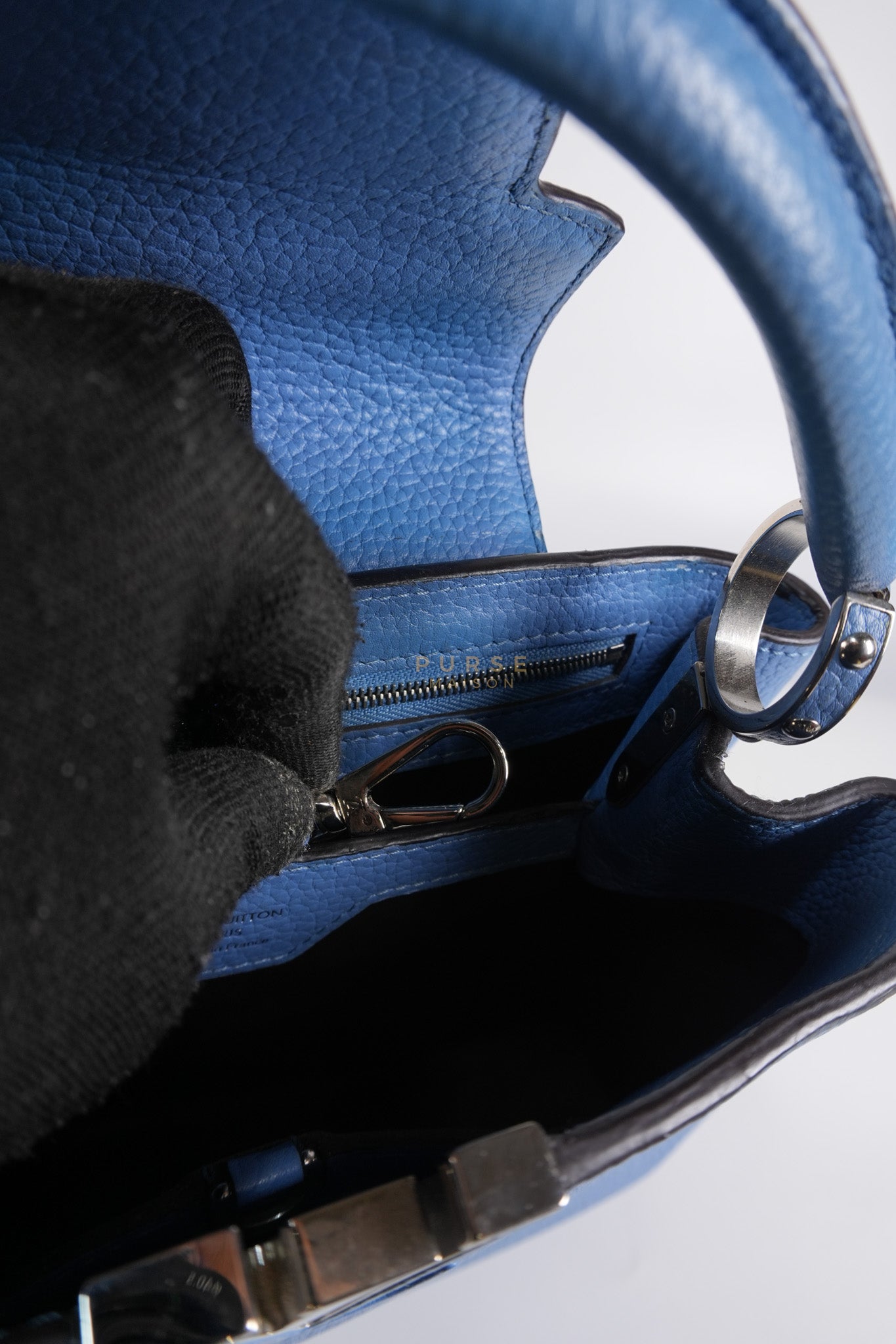 Capucines BB in Light Blue Taurillon Leather Silver Hardware | Purse Maison Luxury Bags Shop