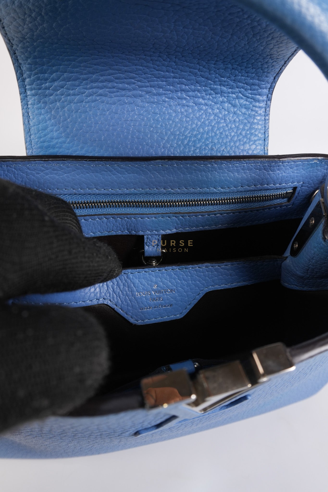 Capucines BB in Light Blue Taurillon Leather Silver Hardware | Purse Maison Luxury Bags Shop