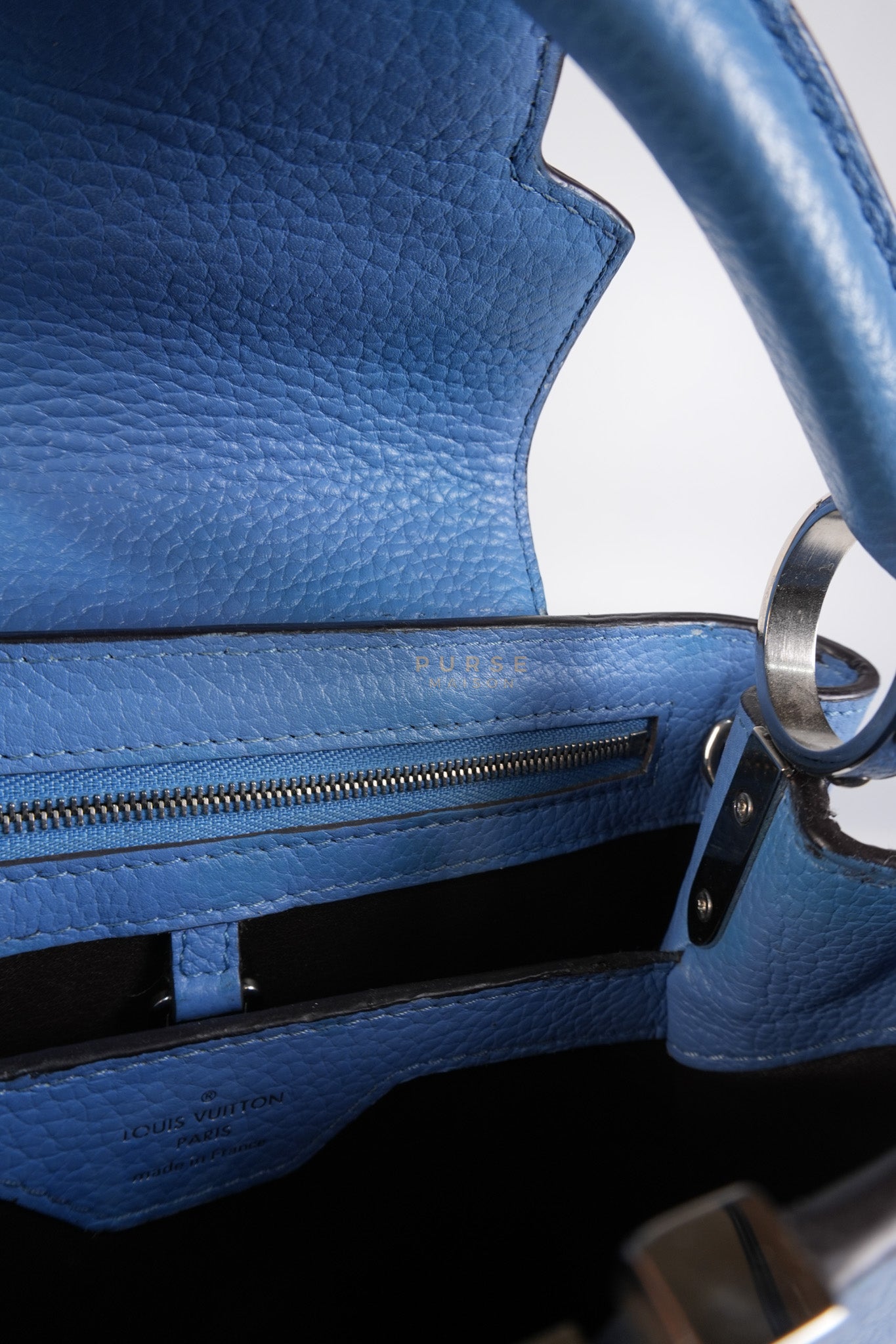 Capucines BB in Light Blue Taurillon Leather Silver Hardware | Purse Maison Luxury Bags Shop