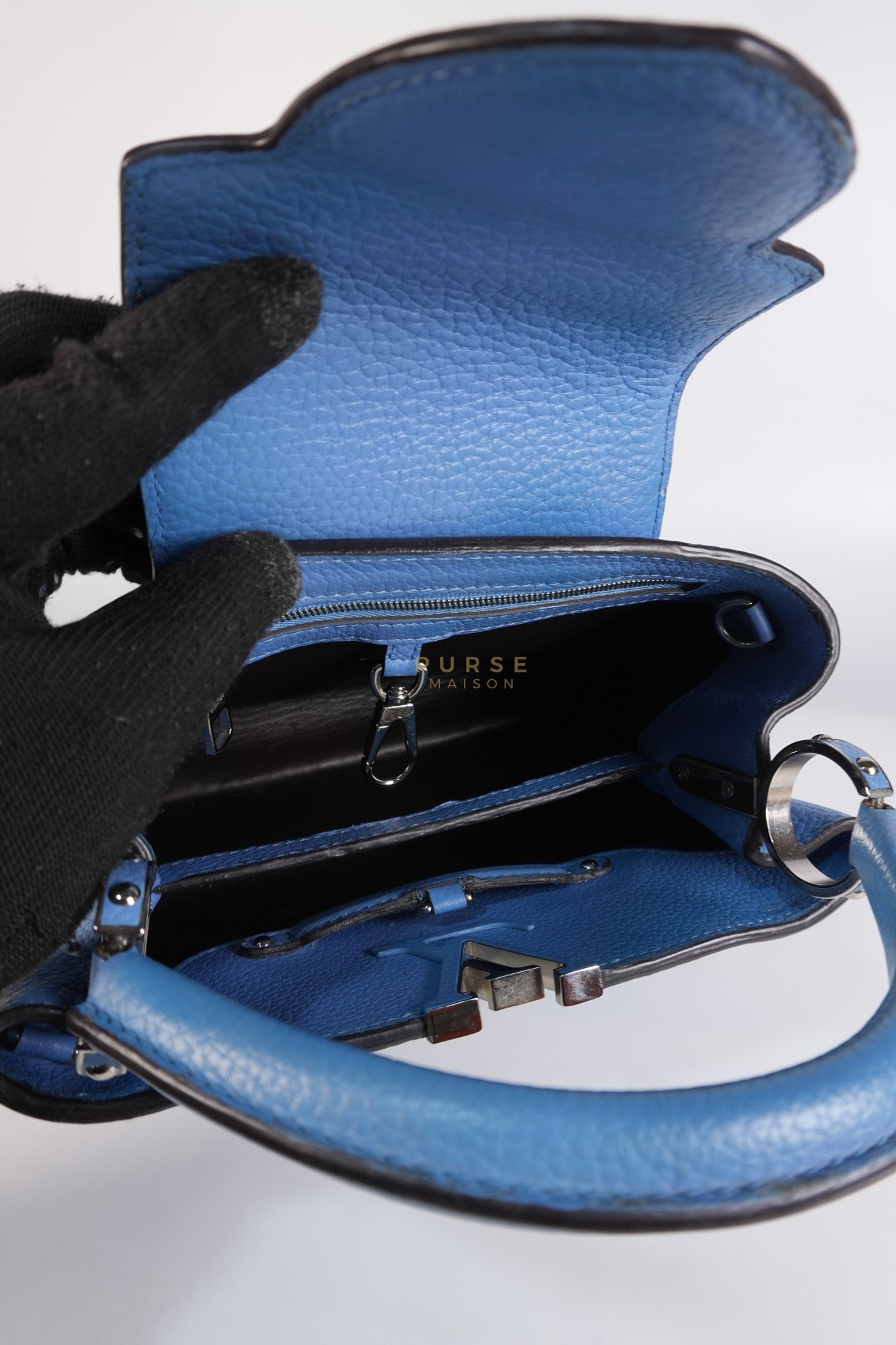 Capucines BB in Light Blue Taurillon Leather Silver Hardware | Purse Maison Luxury Bags Shop