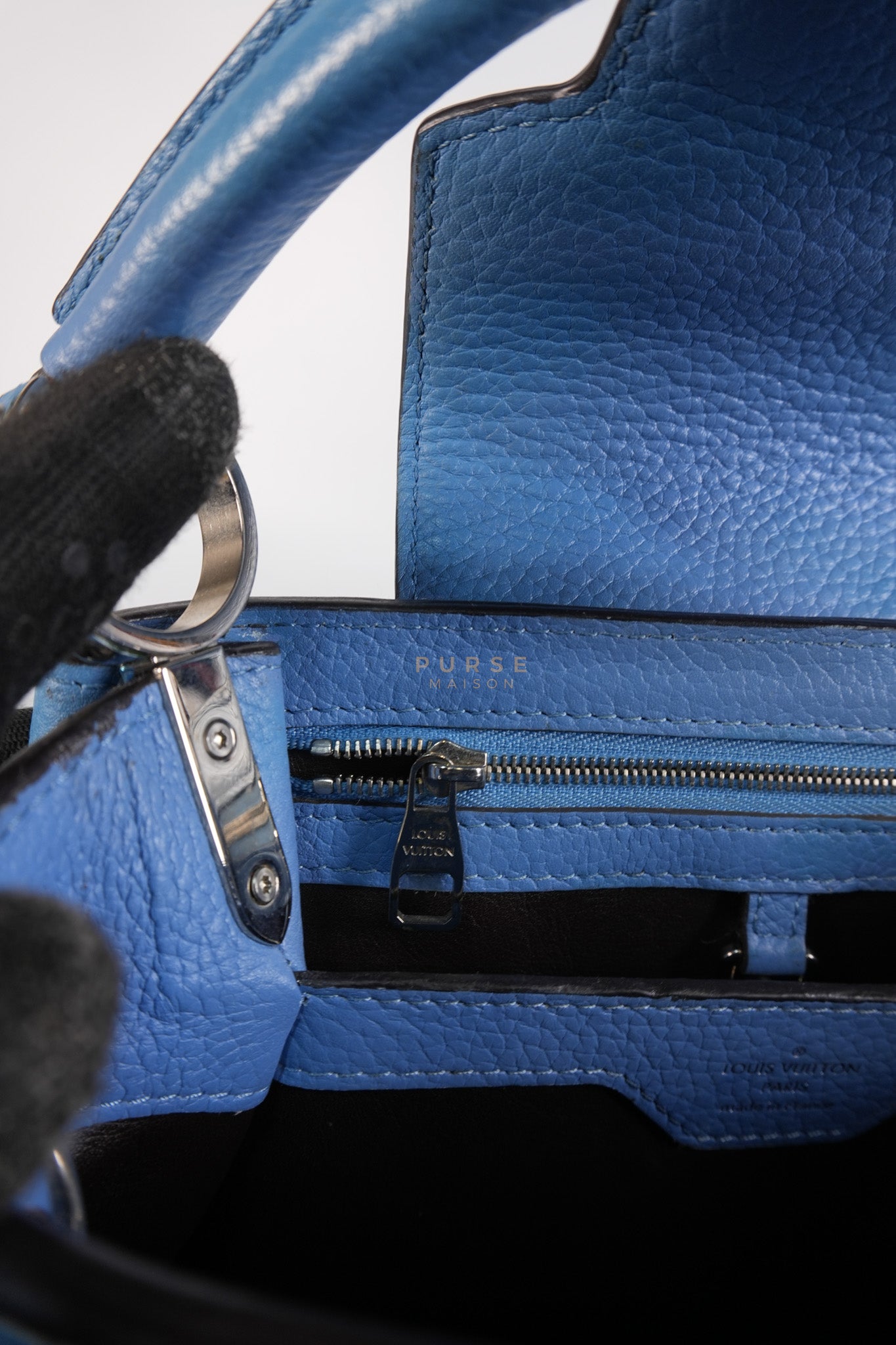 Capucines BB in Light Blue Taurillon Leather Silver Hardware | Purse Maison Luxury Bags Shop