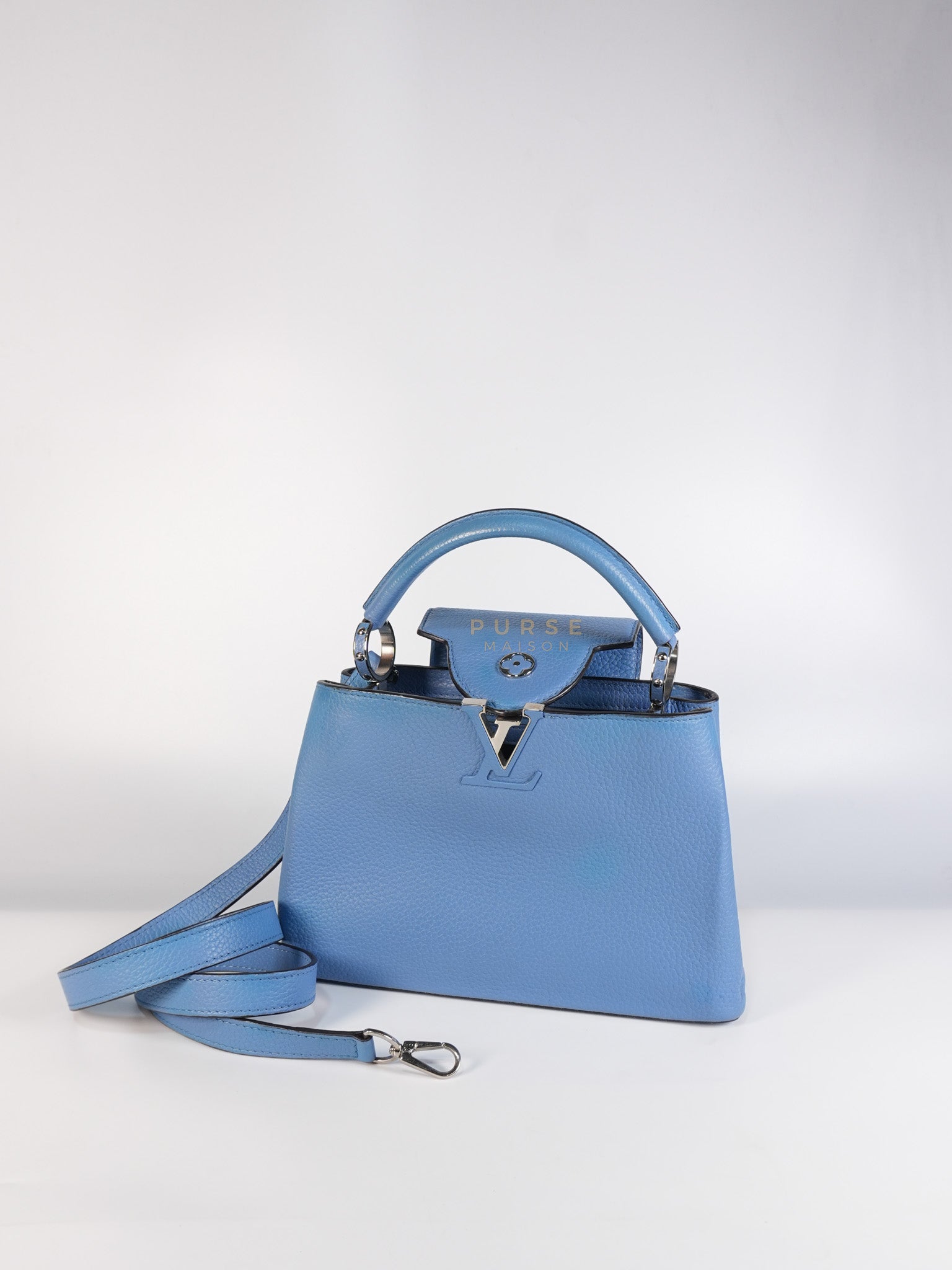 Capucines BB in Light Blue Taurillon Leather Silver Hardware | Purse Maison Luxury Bags Shop