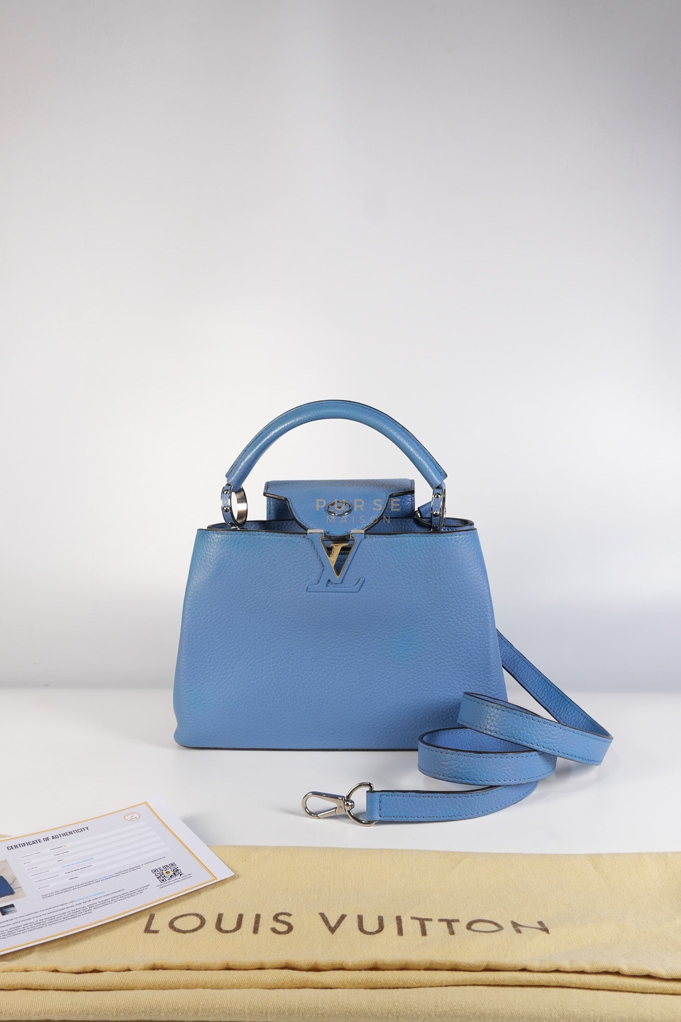 Capucines BB in Light Blue Taurillon Leather Silver Hardware | Purse Maison Luxury Bags Shop