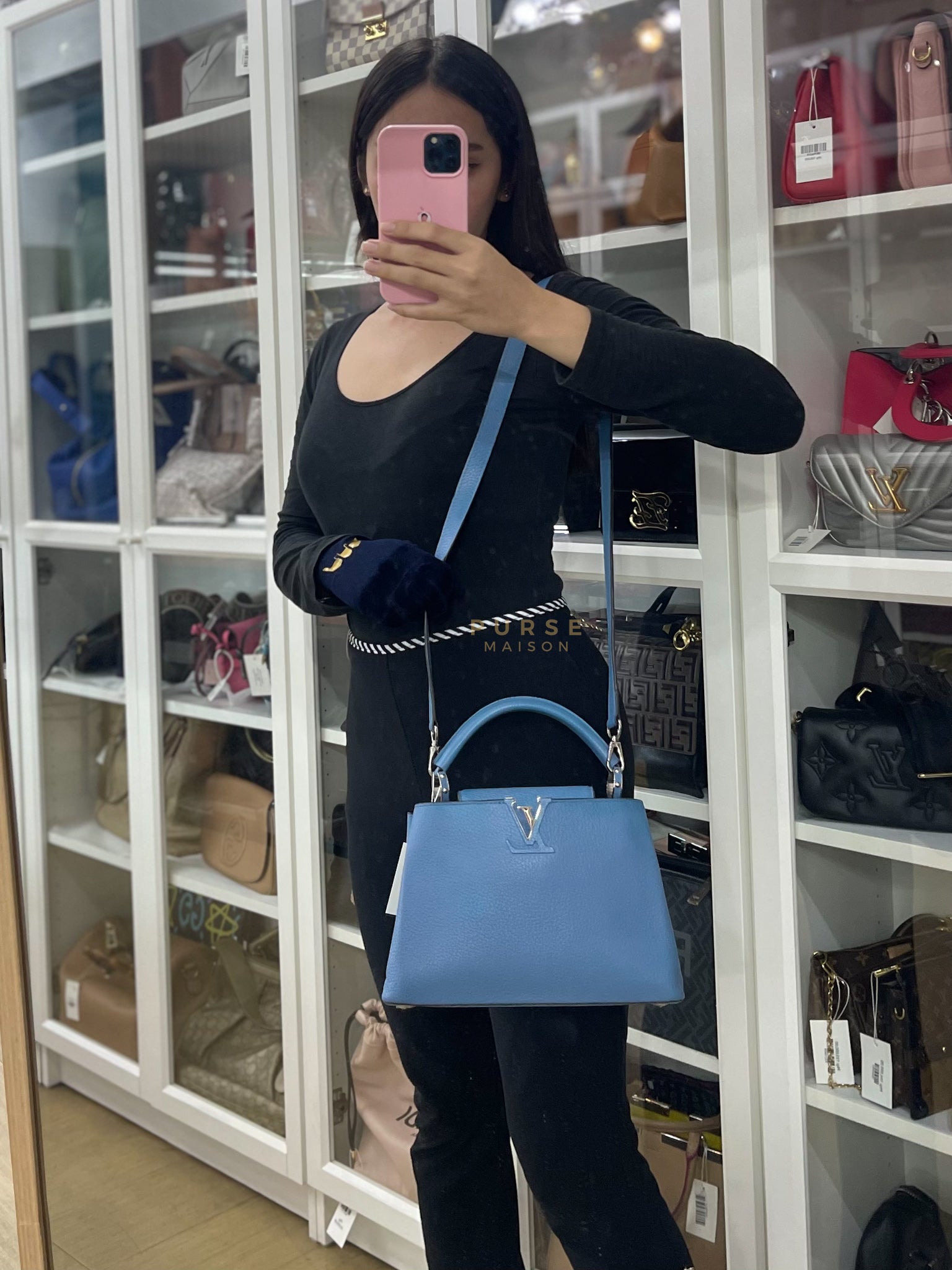 Capucines BB in Light Blue Taurillon Leather Silver Hardware | Purse Maison Luxury Bags Shop
