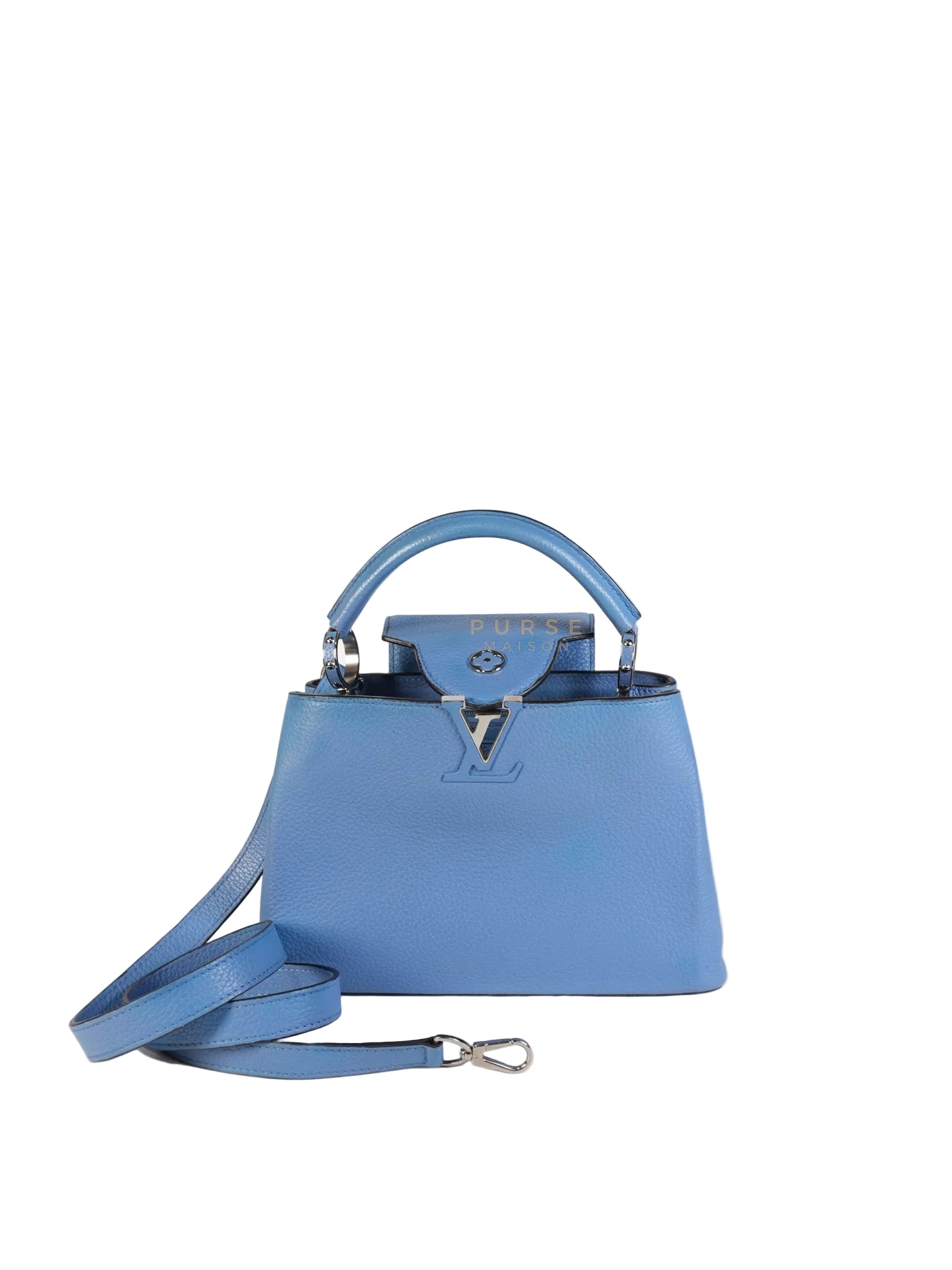 Capucines BB in Light Blue Taurillon Leather Silver Hardware | Purse Maison Luxury Bags Shop