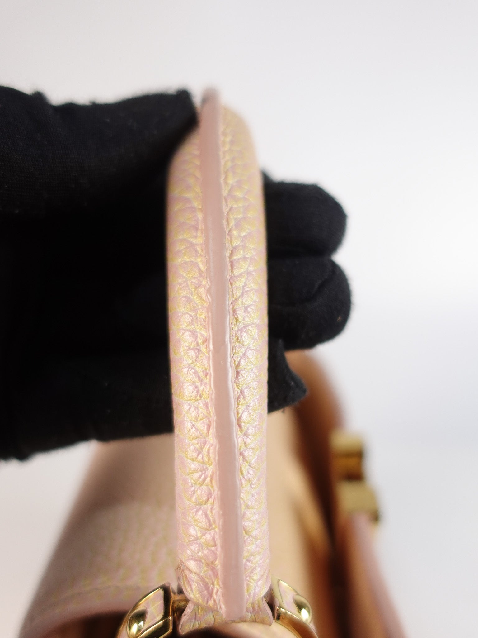 Capucines BB in Peach Mother of Pearl Taurillon Leather | Purse Maison Luxury Bags Shop