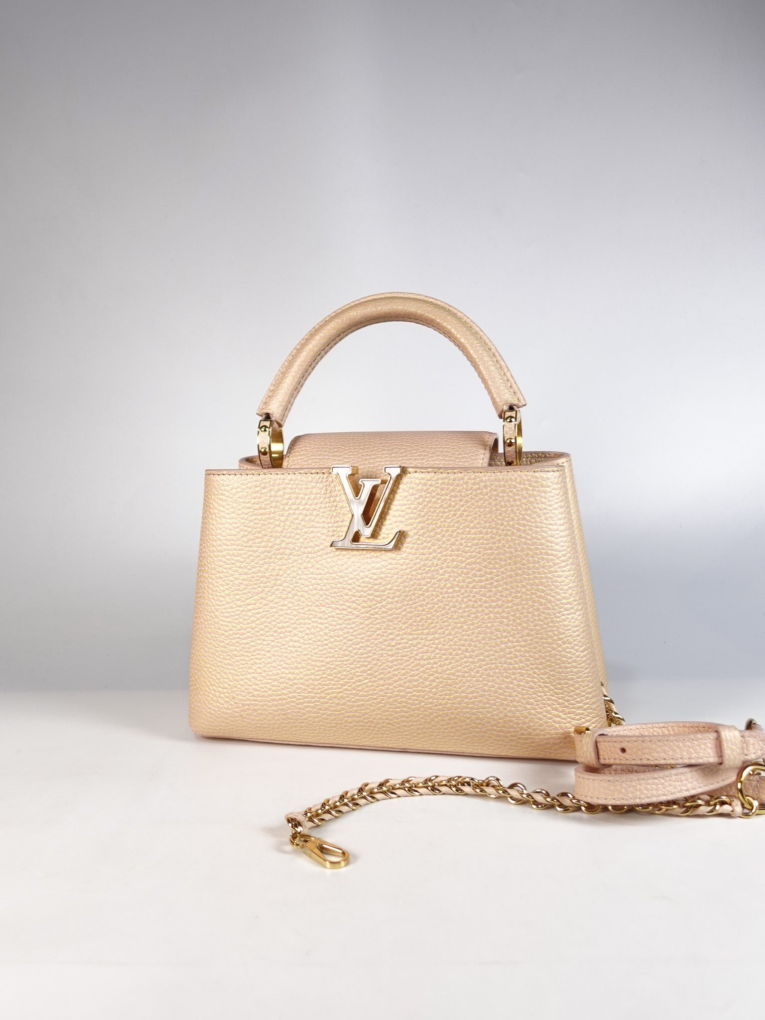 Capucines BB in Peach Mother of Pearl Taurillon Leather | Purse Maison Luxury Bags Shop