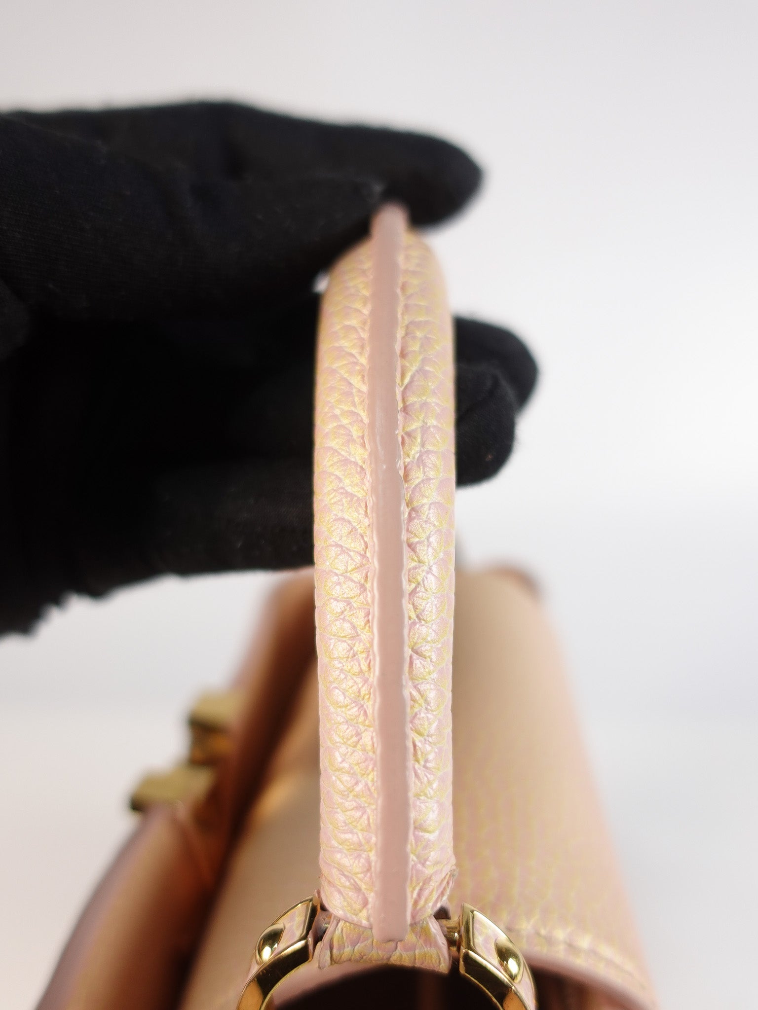 Capucines BB in Peach Mother of Pearl Taurillon Leather | Purse Maison Luxury Bags Shop