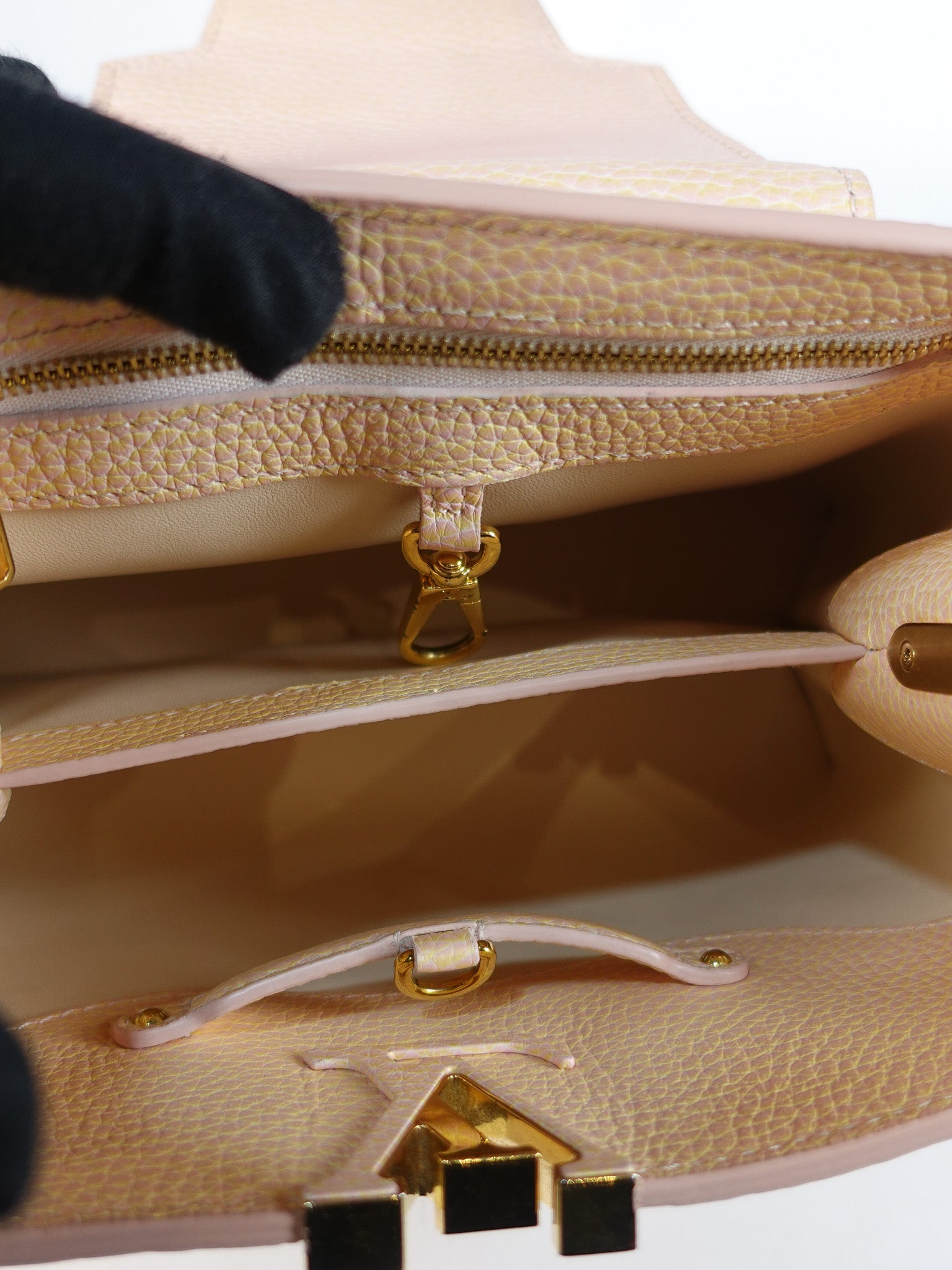 Capucines BB in Peach Mother of Pearl Taurillon Leather | Purse Maison Luxury Bags Shop