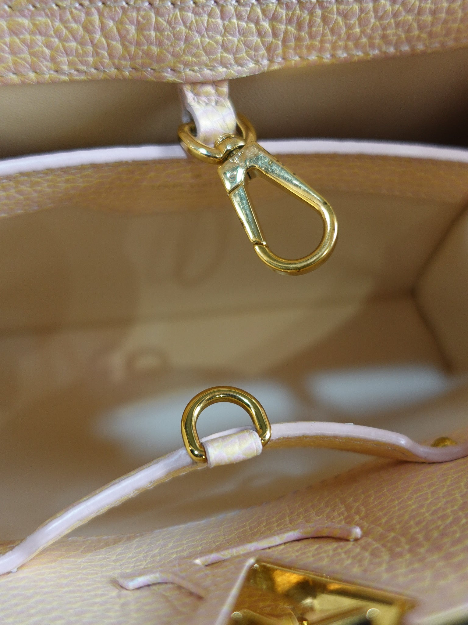 Capucines BB in Peach Mother of Pearl Taurillon Leather | Purse Maison Luxury Bags Shop