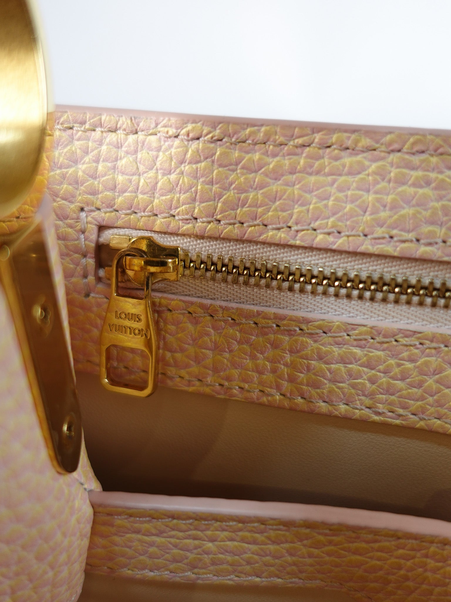 Capucines BB in Peach Mother of Pearl Taurillon Leather | Purse Maison Luxury Bags Shop