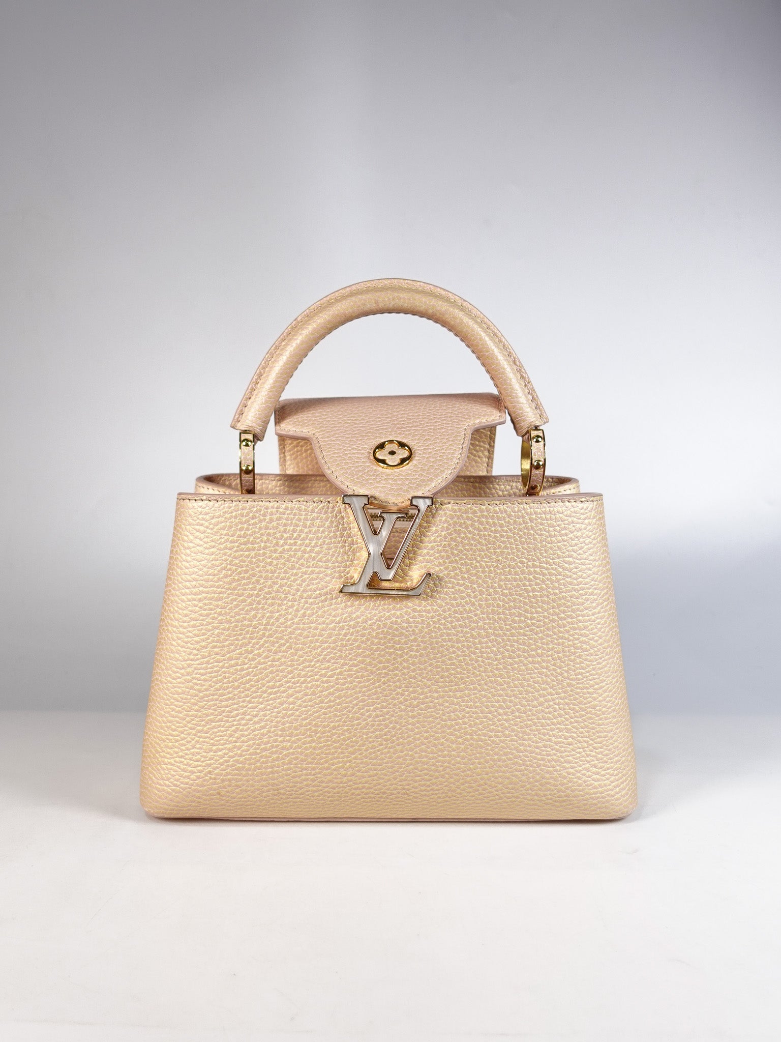 Capucines BB in Peach Mother of Pearl Taurillon Leather | Purse Maison Luxury Bags Shop