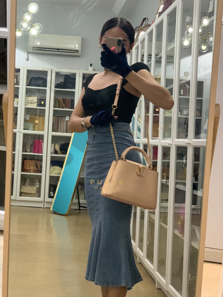 Capucines BB in Peach Mother of Pearl Taurillon Leather | Purse Maison Luxury Bags Shop