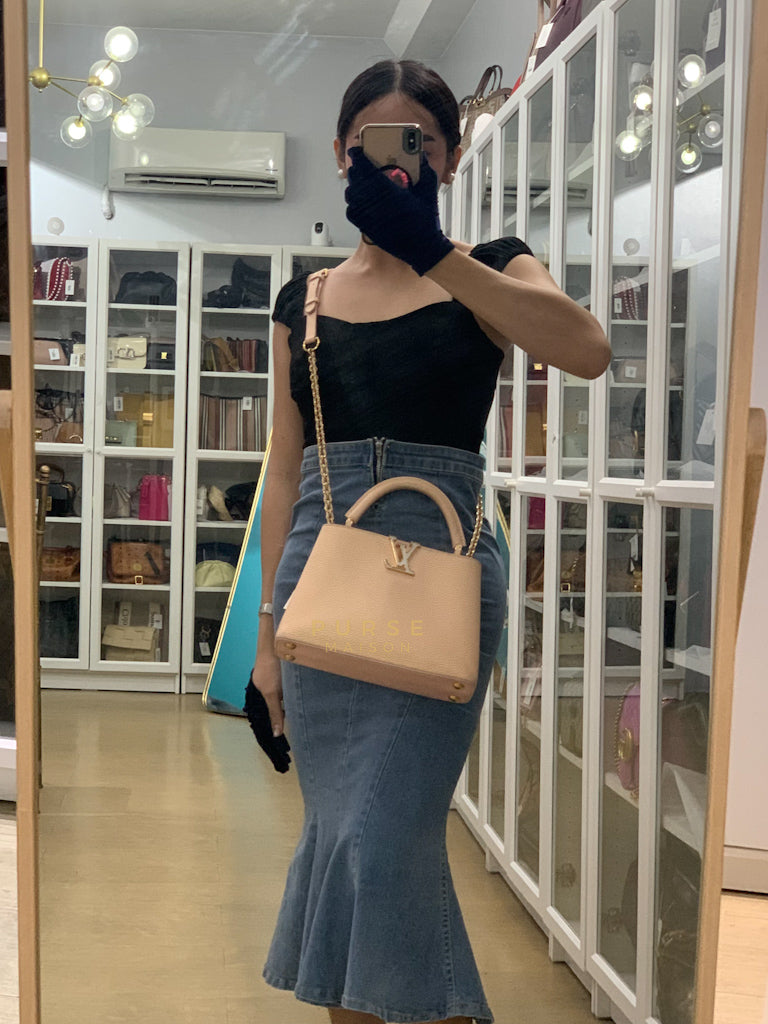 Capucines BB in Peach Mother of Pearl Taurillon Leather | Purse Maison Luxury Bags Shop