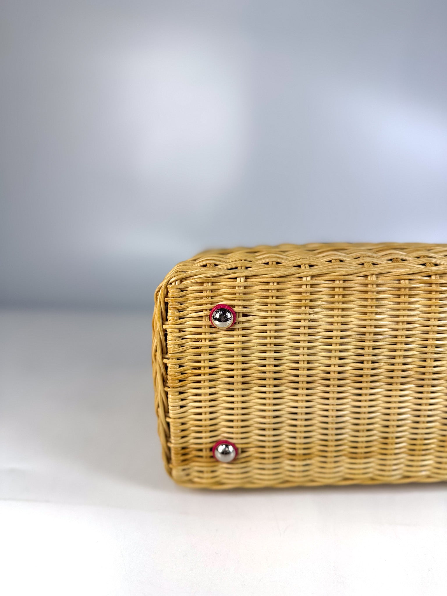 Capucines BB in Wicker Canvas and Pink Taurillon Calfskin Leather (Microchip) | Purse Maison Luxury Bags Shop