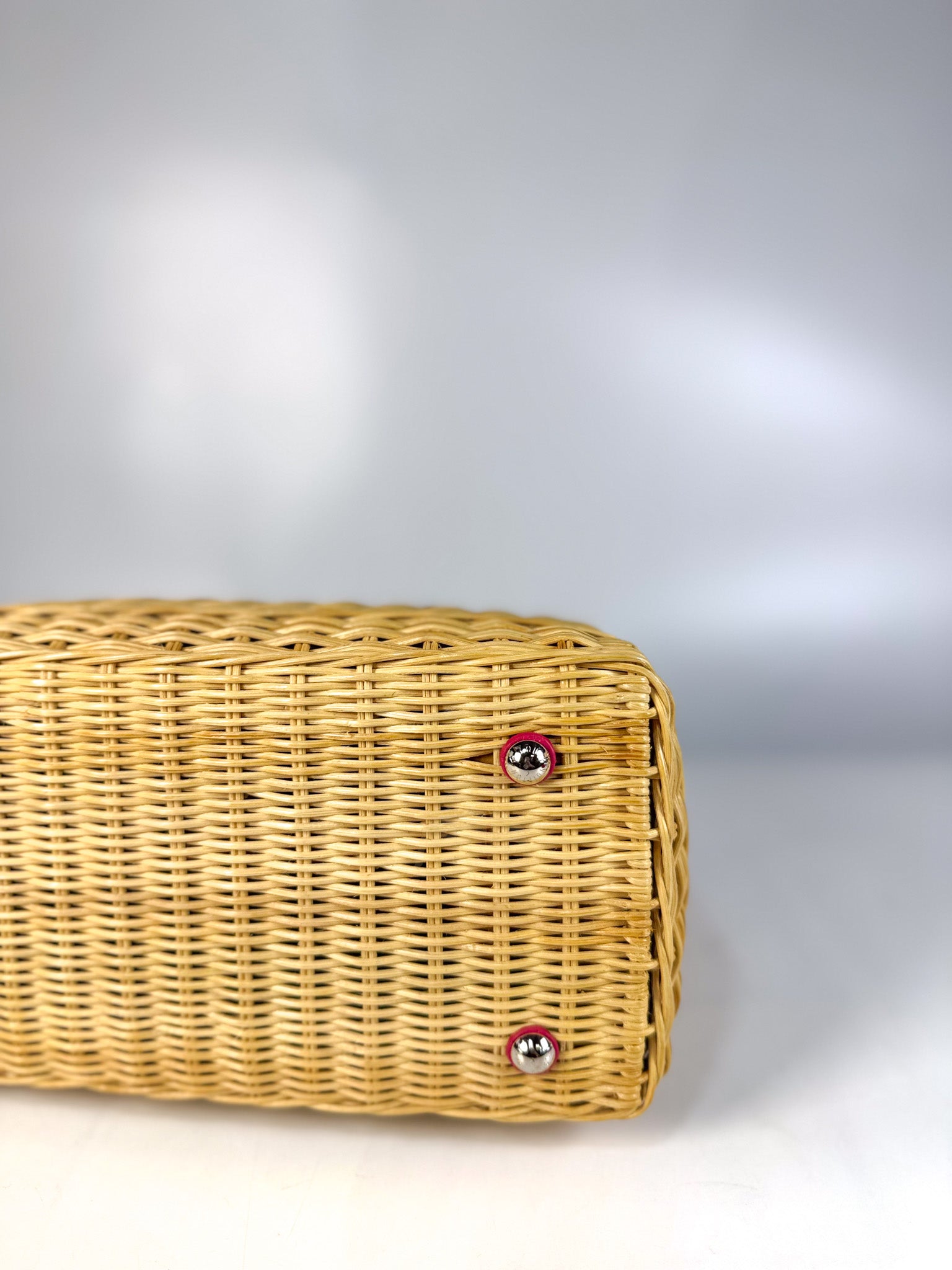 Capucines BB in Wicker Canvas and Pink Taurillon Calfskin Leather (Microchip) | Purse Maison Luxury Bags Shop