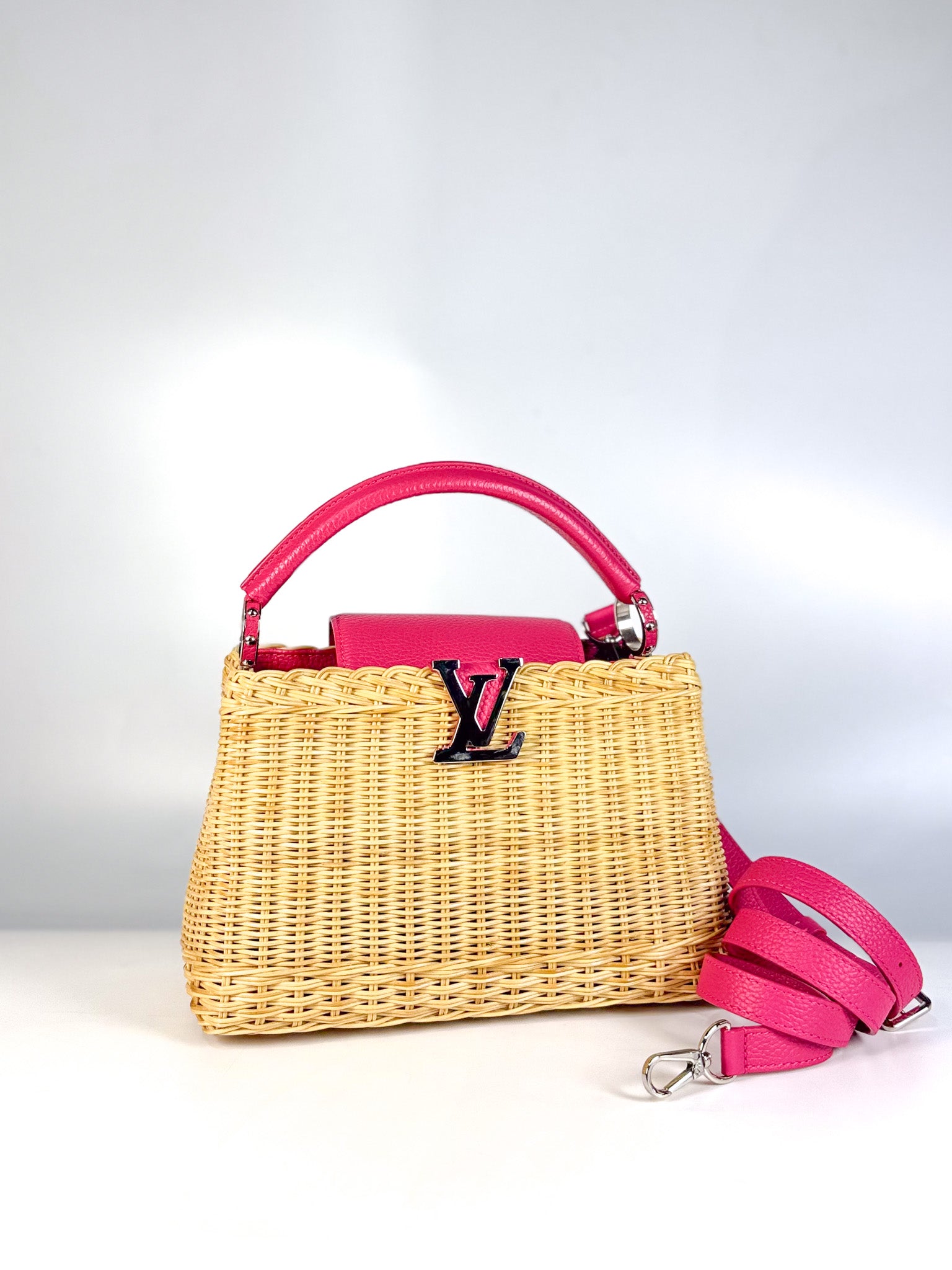 Capucines BB in Wicker Canvas and Pink Taurillon Calfskin Leather (Microchip) | Purse Maison Luxury Bags Shop