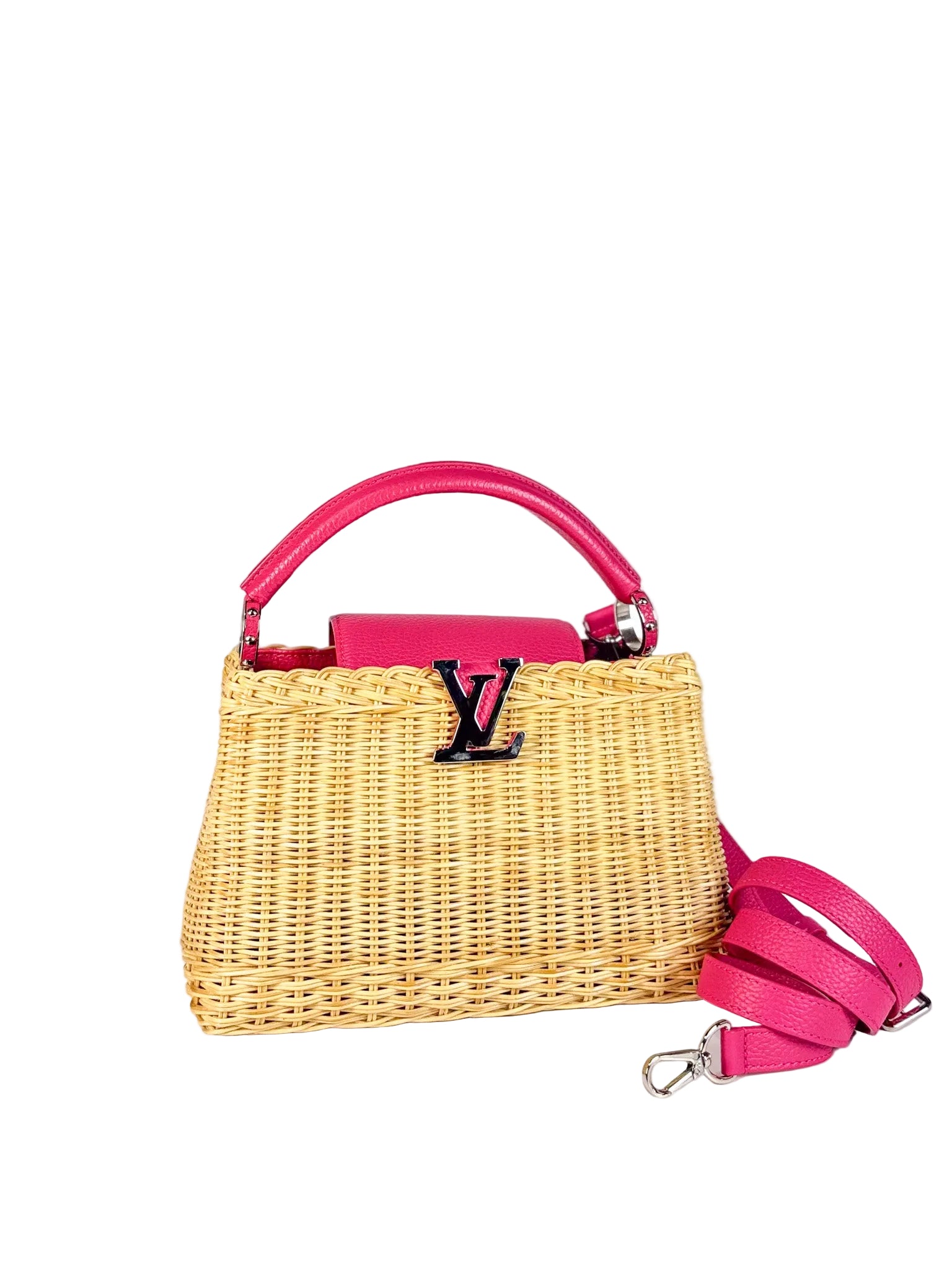 Capucines BB in Wicker Canvas and Pink Taurillon Calfskin Leather (Microchip) | Purse Maison Luxury Bags Shop