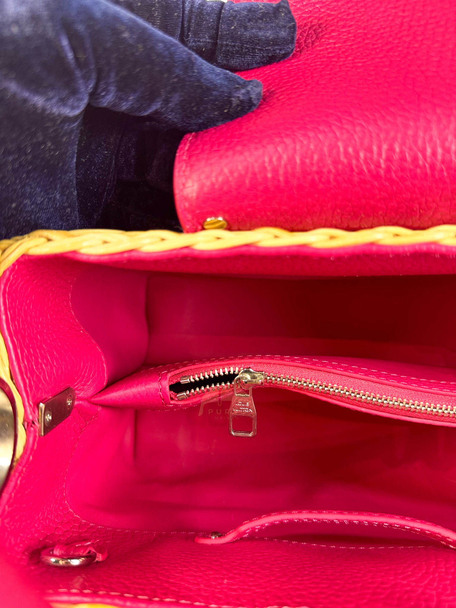 Capucines BB in Wicker Canvas and Pink Taurillon Calfskin Leather (Microchip) | Purse Maison Luxury Bags Shop