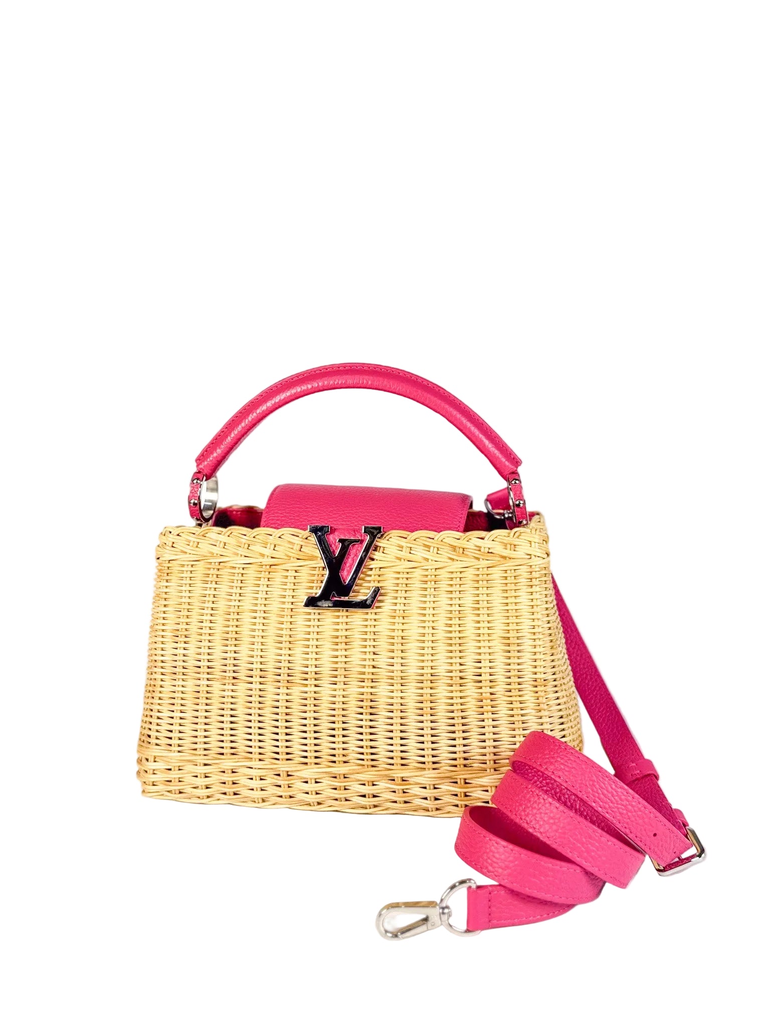 Capucines BB in Wicker Canvas and Pink Taurillon Calfskin Leather (Microchip) | Purse Maison Luxury Bags Shop