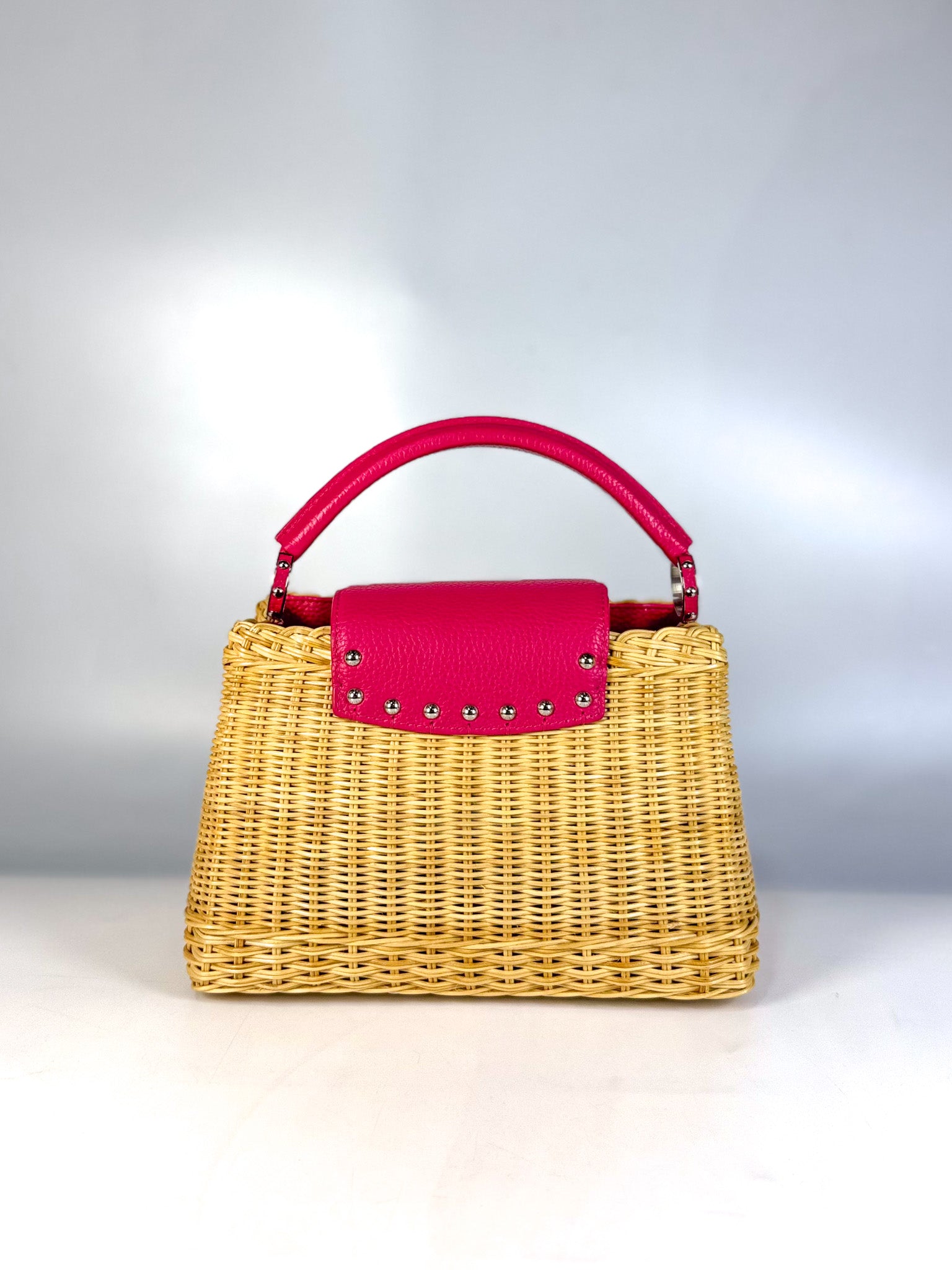 Capucines BB in Wicker Canvas and Pink Taurillon Calfskin Leather (Microchip) | Purse Maison Luxury Bags Shop