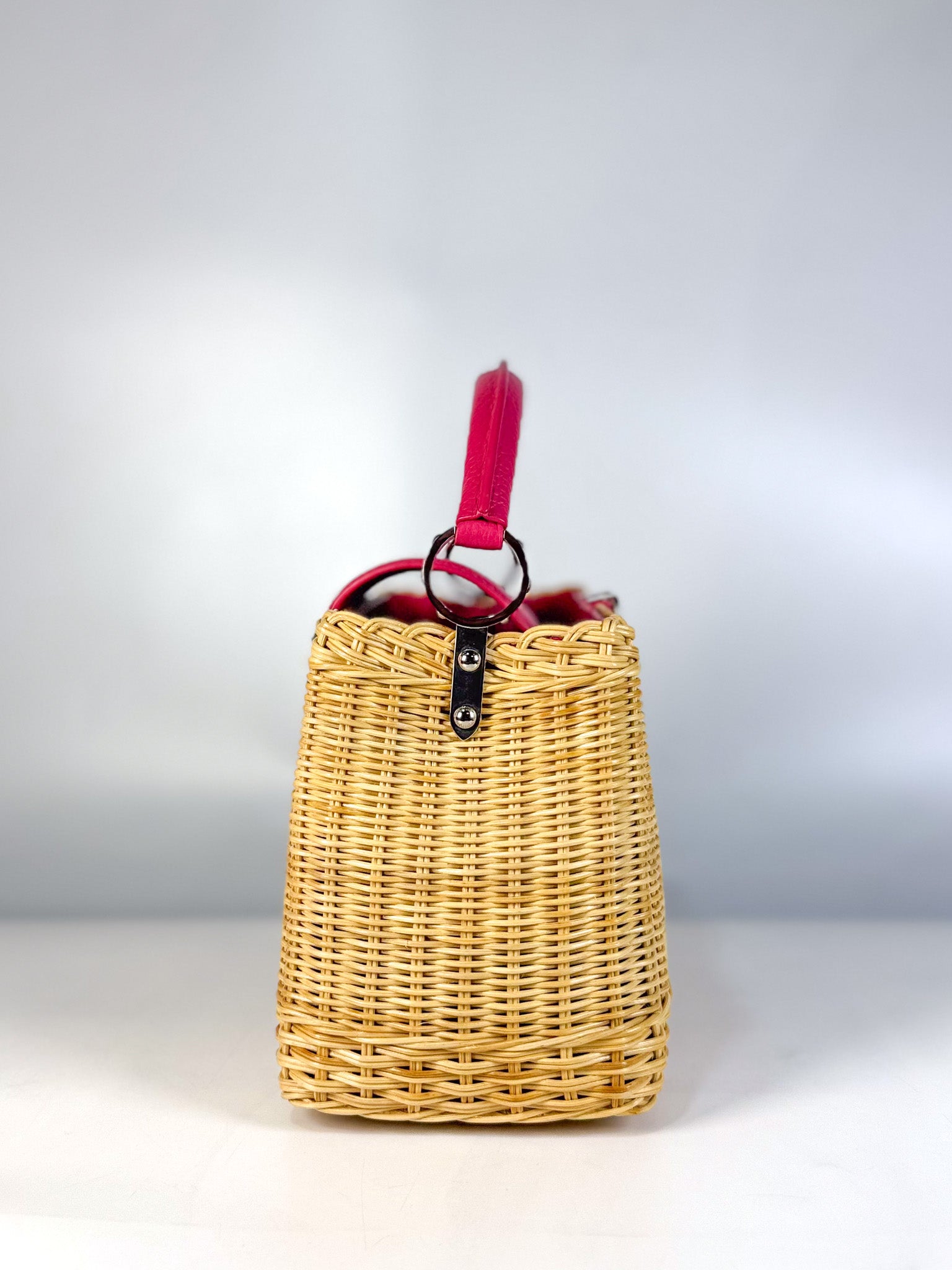 Capucines BB in Wicker Canvas and Pink Taurillon Calfskin Leather (Microchip) | Purse Maison Luxury Bags Shop