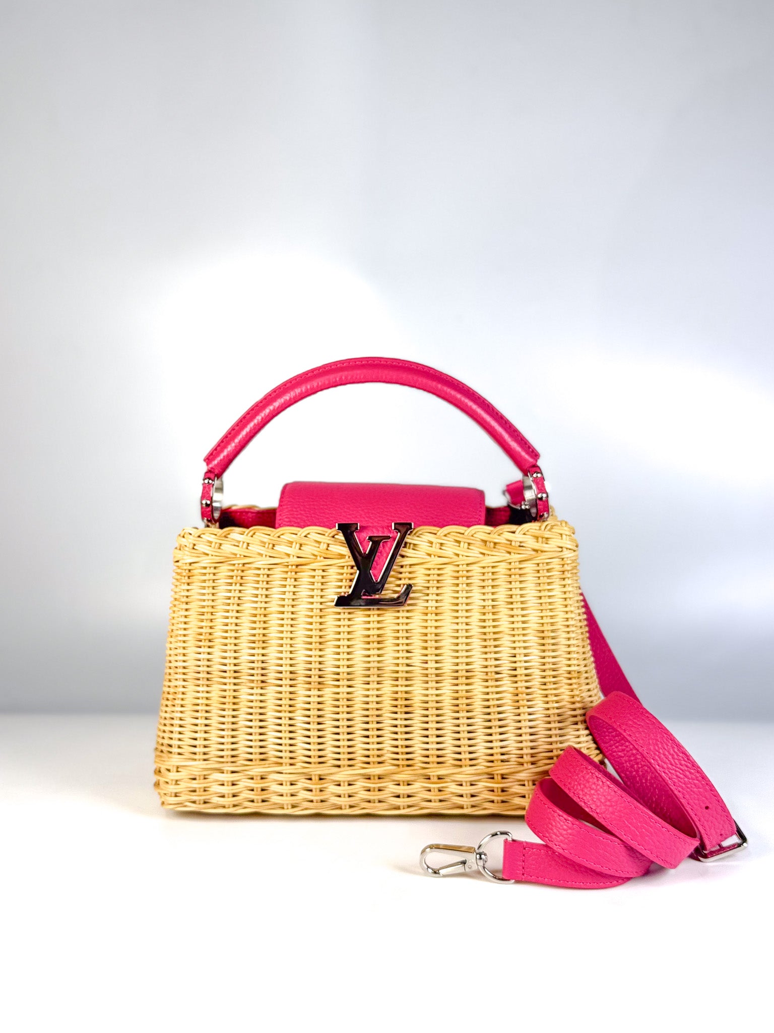 Capucines BB in Wicker Canvas and Pink Taurillon Calfskin Leather (Microchip) | Purse Maison Luxury Bags Shop