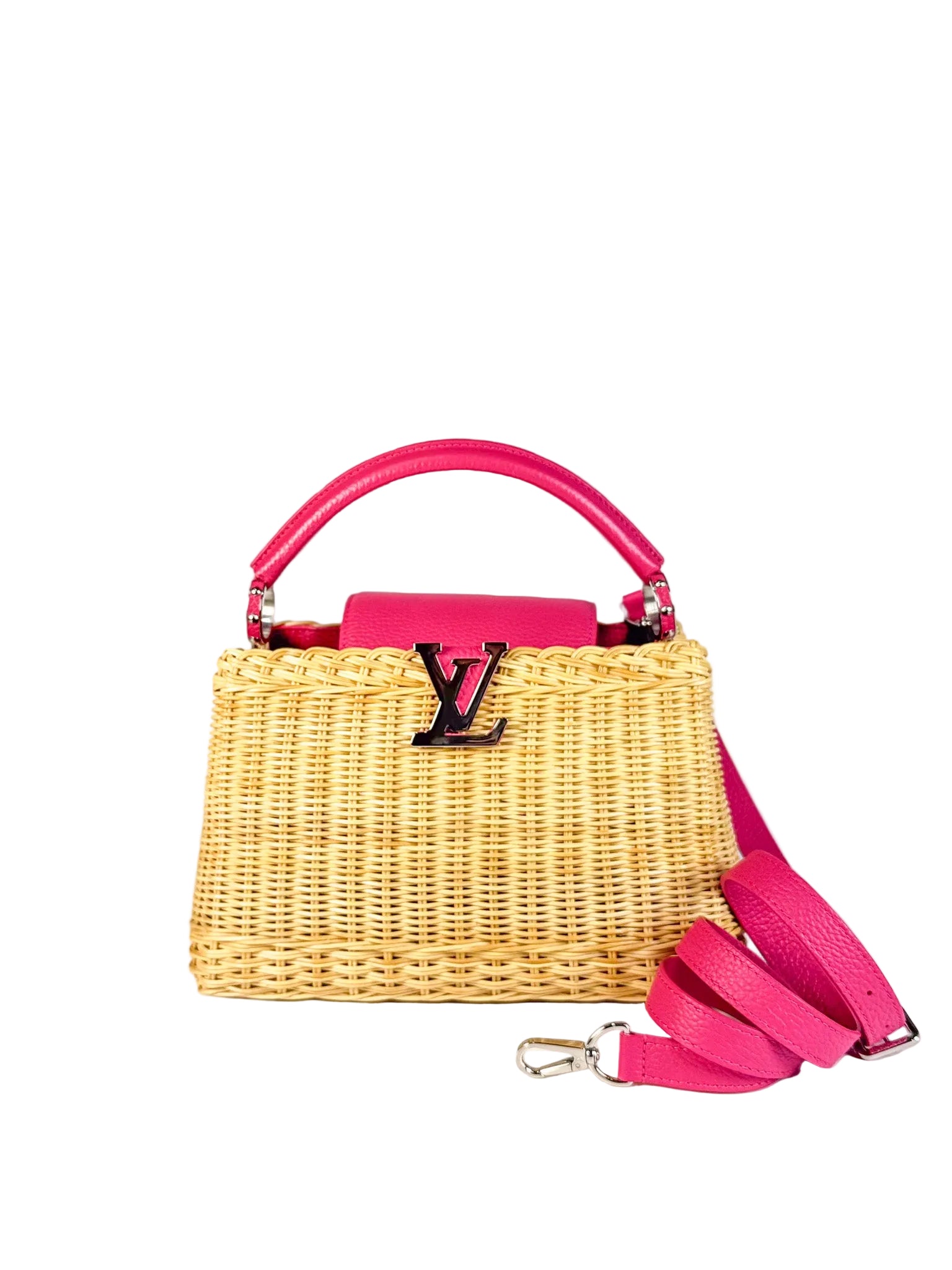 Capucines BB in Wicker Canvas and Pink Taurillon Calfskin Leather (Microchip) | Purse Maison Luxury Bags Shop