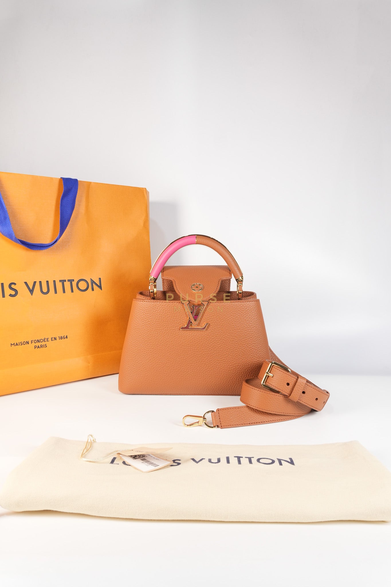Capucines BB Tri-color Taurillon Calfskin Leather (Microchip) | Purse Maison Luxury Bags Shop