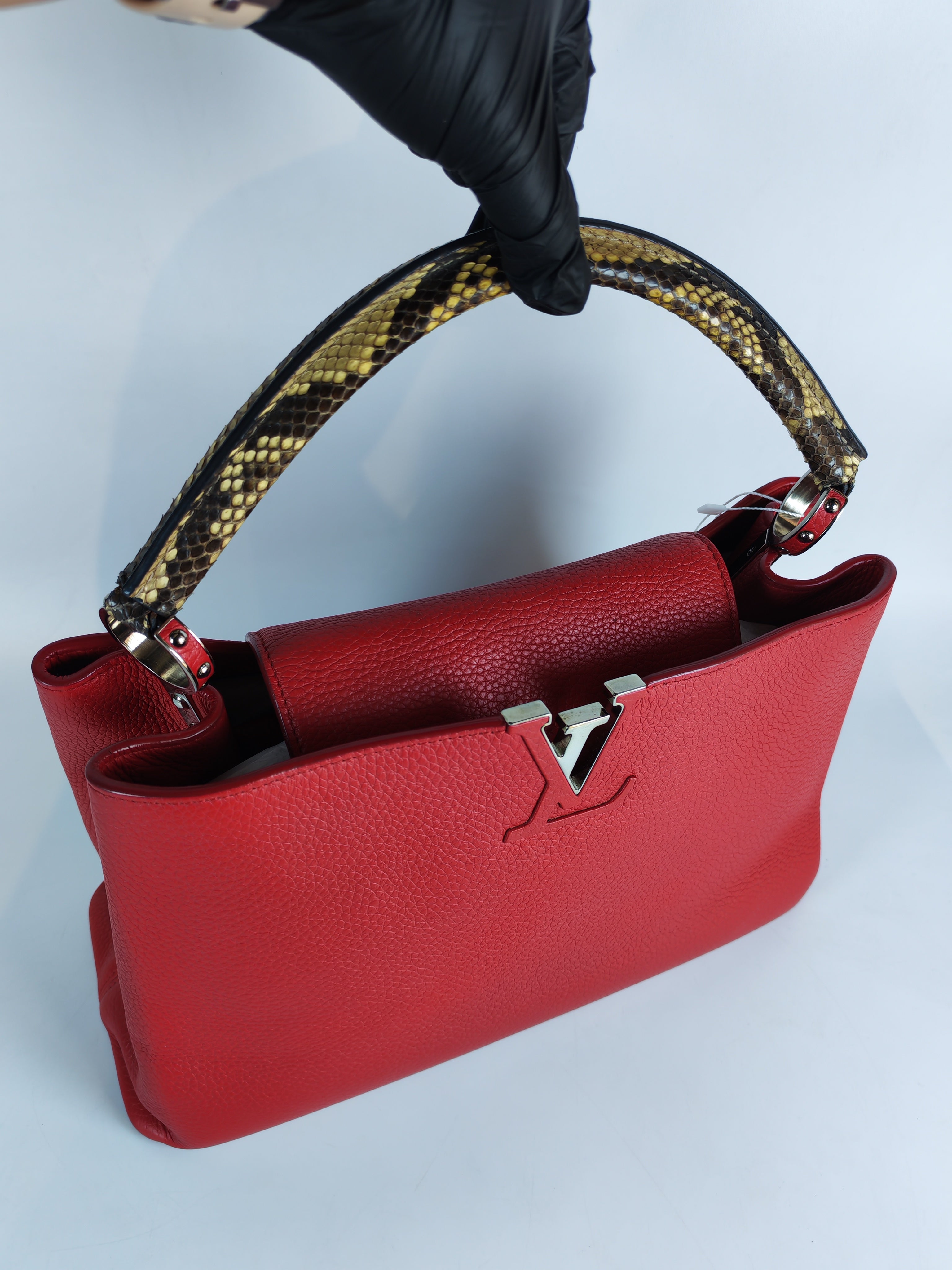 Capucines GM Red Python Handle Taurillon Clemence Leather Handbag (Date Code: MI1185) | Purse Maison Luxury Bags Shop
