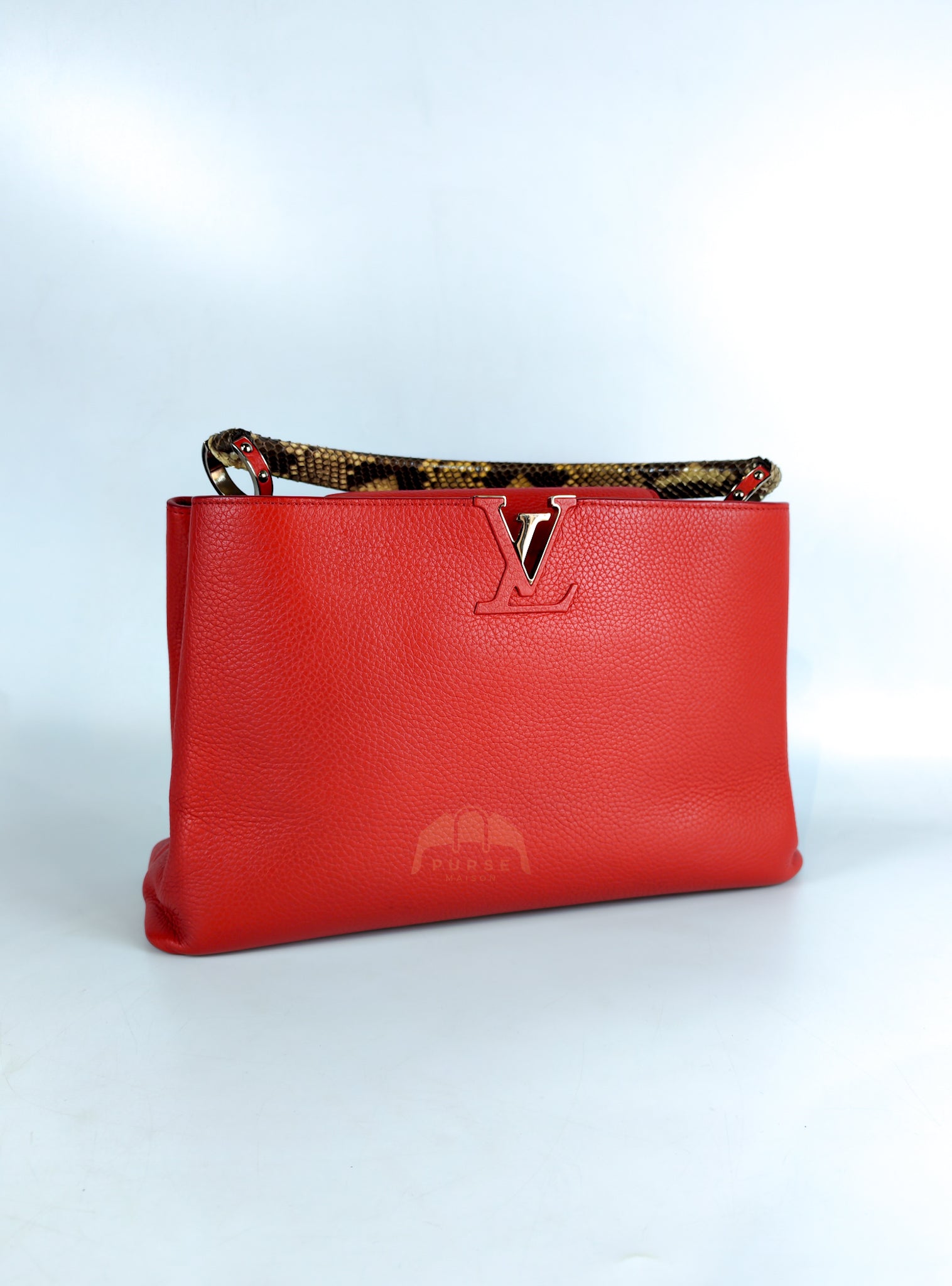 Capucines GM Red Python Handle Taurillon Clemence Leather Handbag (Date Code: MI1185) | Purse Maison Luxury Bags Shop