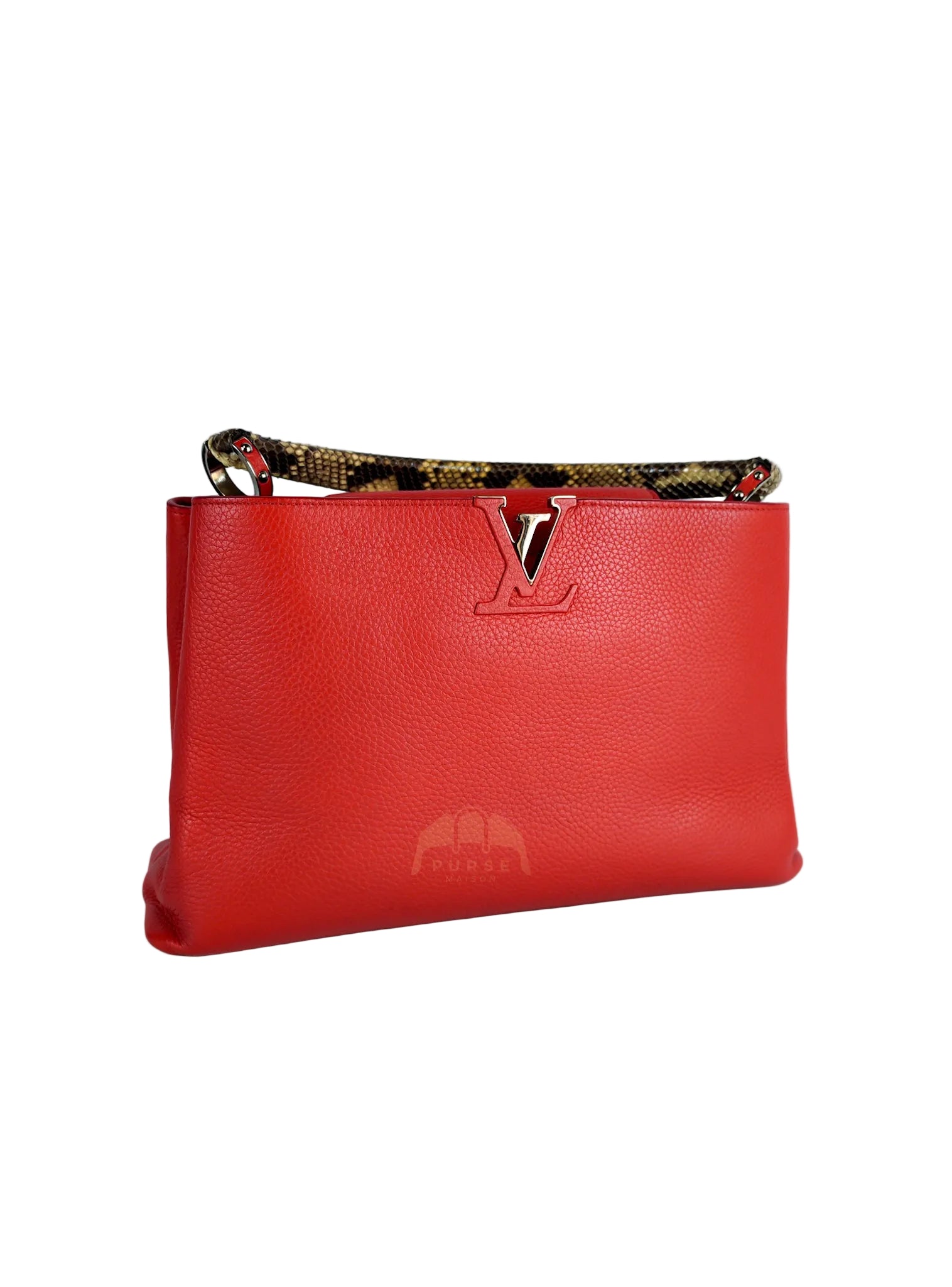 Capucines GM Red Python Handle Taurillon Clemence Leather Handbag (Date Code: MI1185) | Purse Maison Luxury Bags Shop