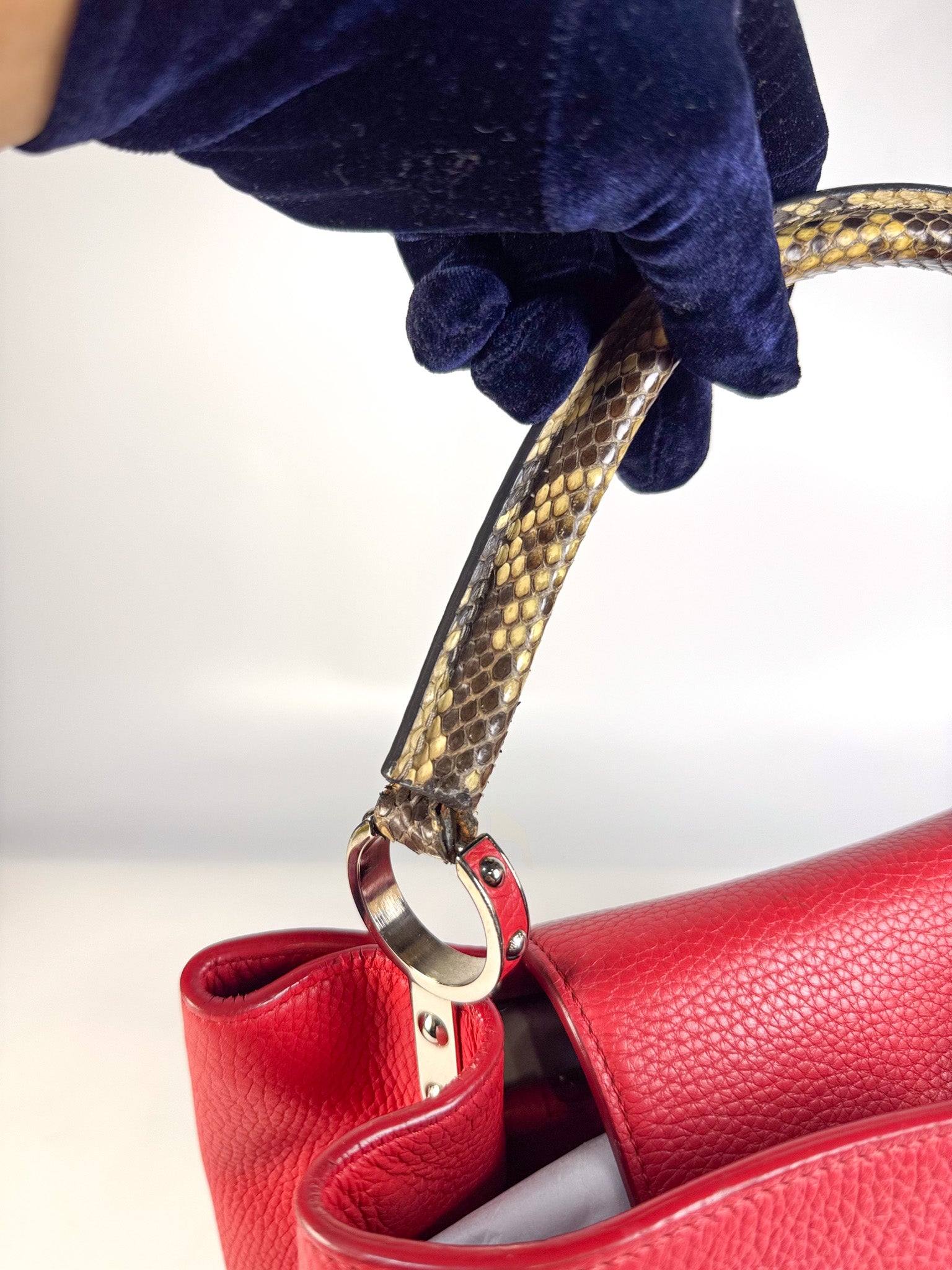 Capucines GM Red Python Handle Taurillon Clemence Leather Handbag (Date Code: MI1185) | Purse Maison Luxury Bags Shop