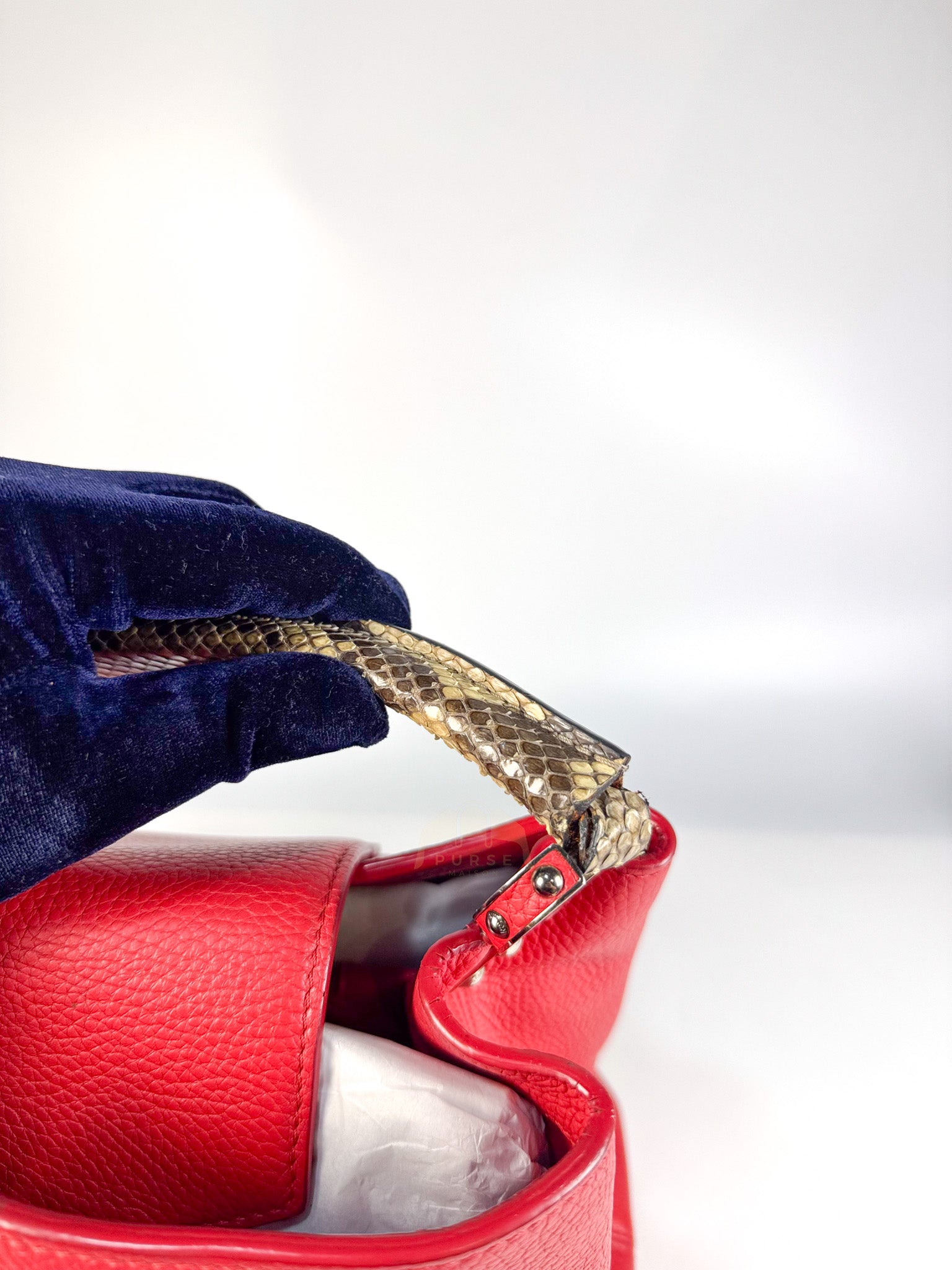 Capucines GM Red Python Handle Taurillon Clemence Leather Handbag (Date Code: MI1185) | Purse Maison Luxury Bags Shop