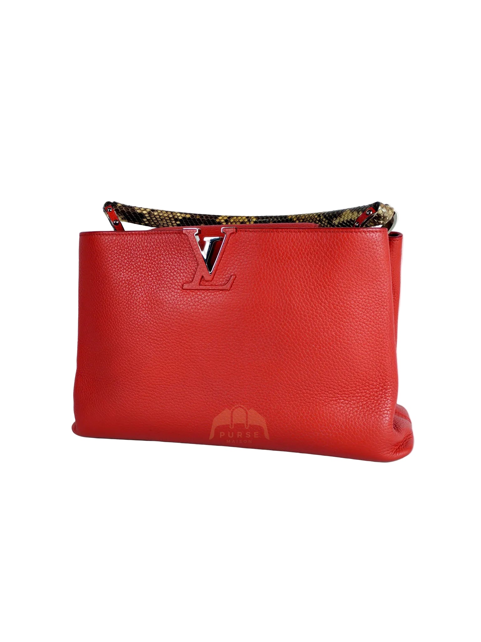 Capucines GM Red Python Handle Taurillon Clemence Leather Handbag (Date Code: MI1185) | Purse Maison Luxury Bags Shop