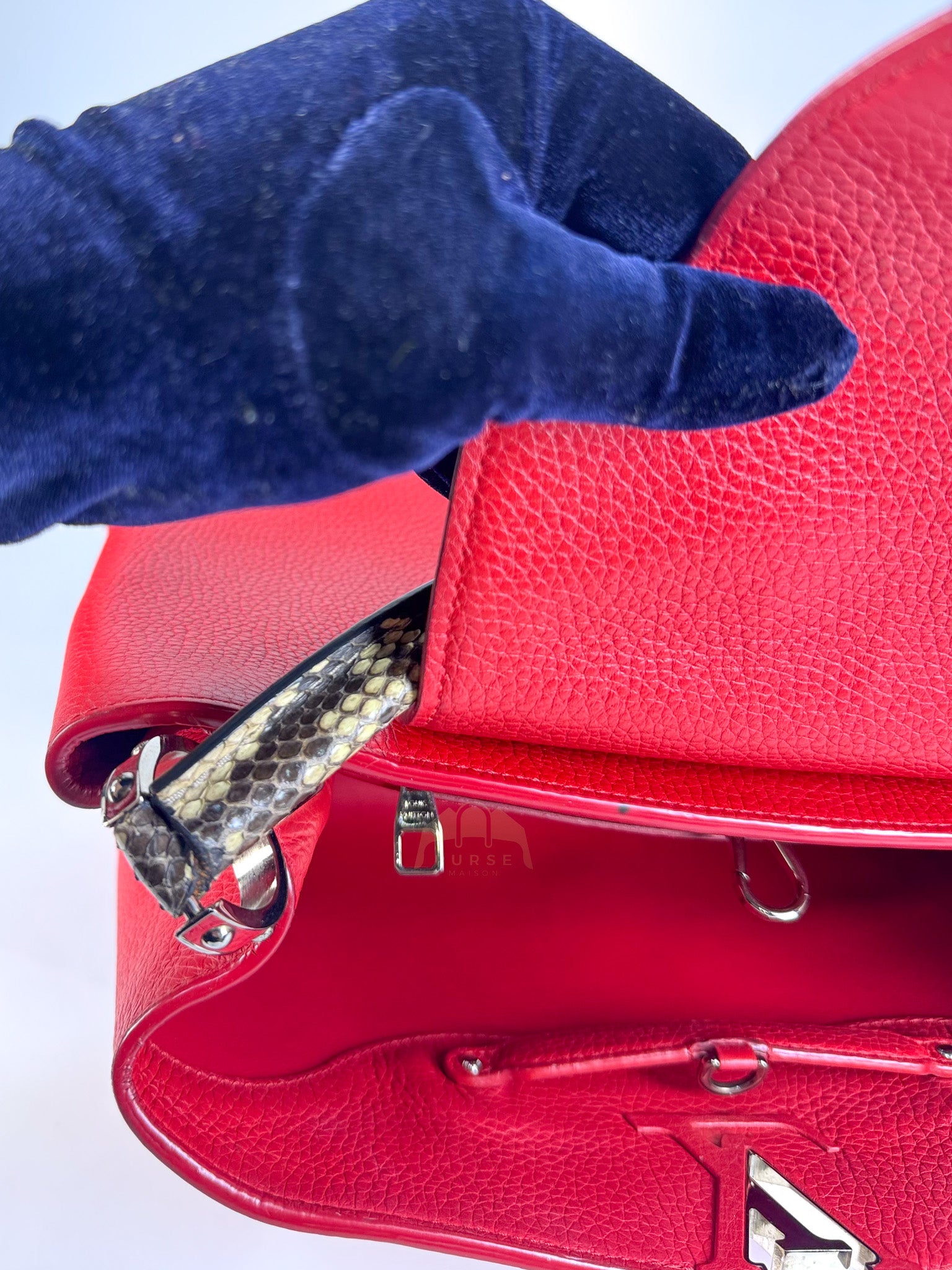 Capucines GM Red Python Handle Taurillon Clemence Leather Handbag (Date Code: MI1185) | Purse Maison Luxury Bags Shop