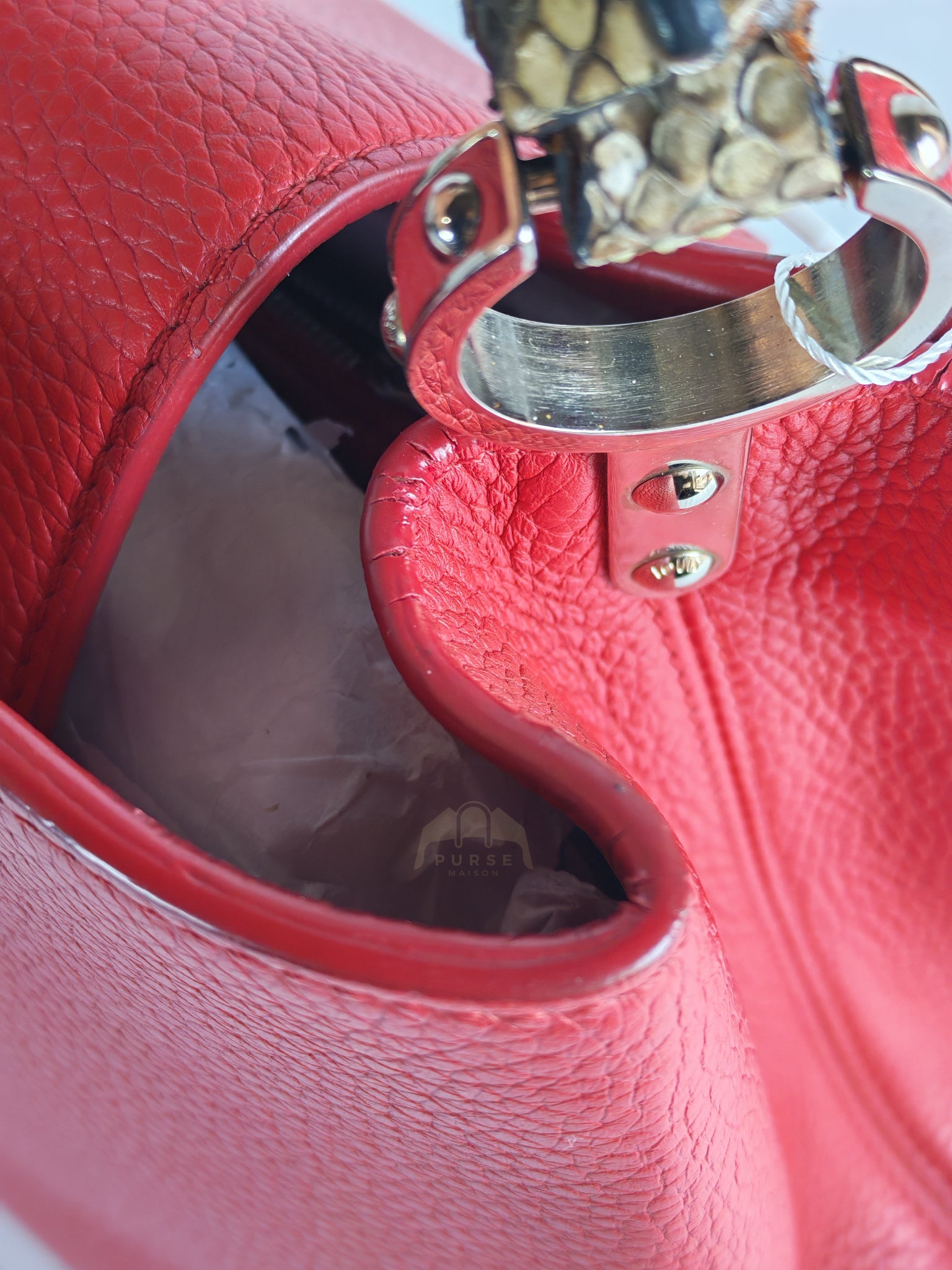 Capucines GM Red Python Handle Taurillon Clemence Leather Handbag (Date Code: MI1185) | Purse Maison Luxury Bags Shop