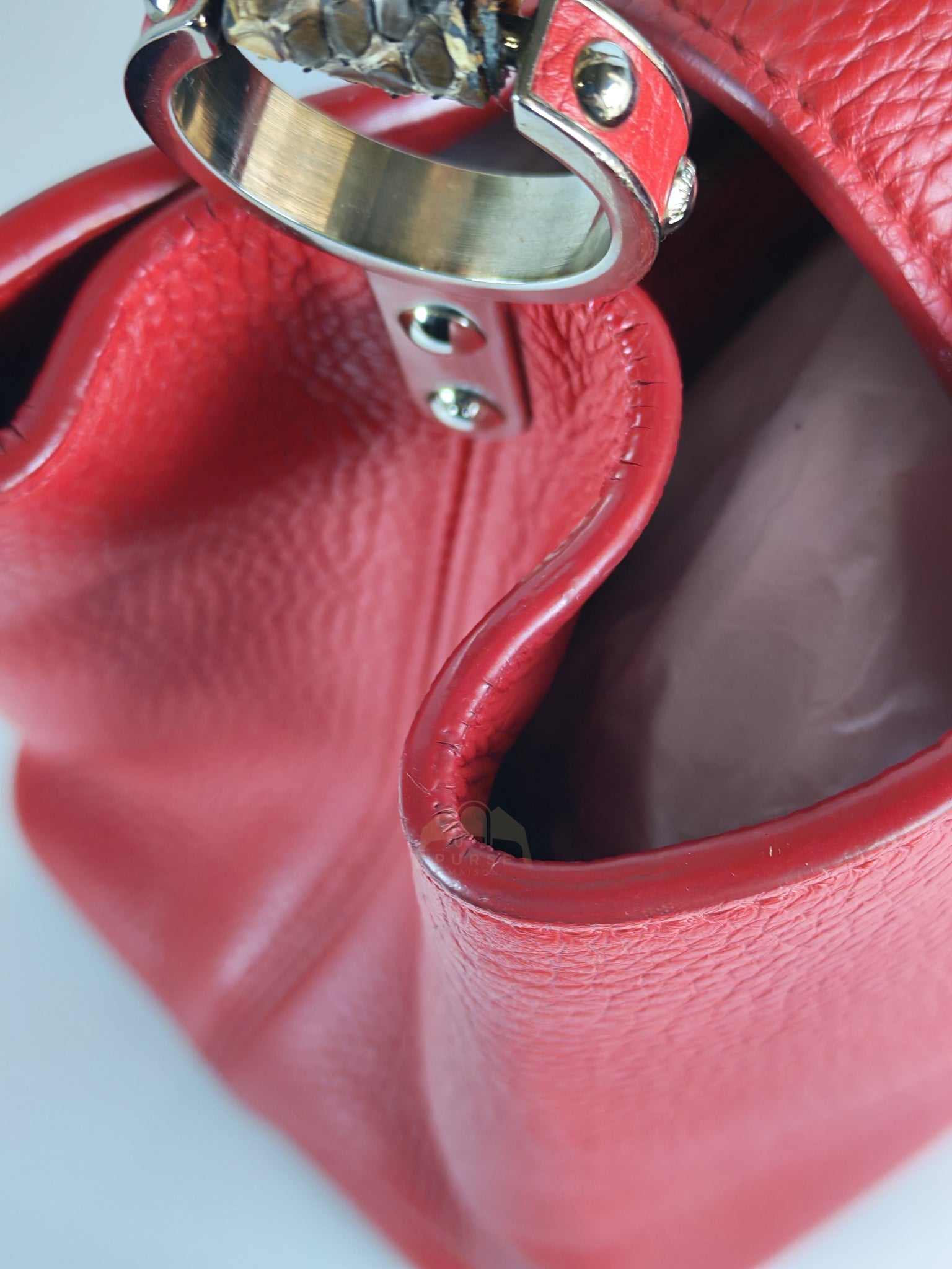 Capucines GM Red Python Handle Taurillon Clemence Leather Handbag (Date Code: MI1185) | Purse Maison Luxury Bags Shop