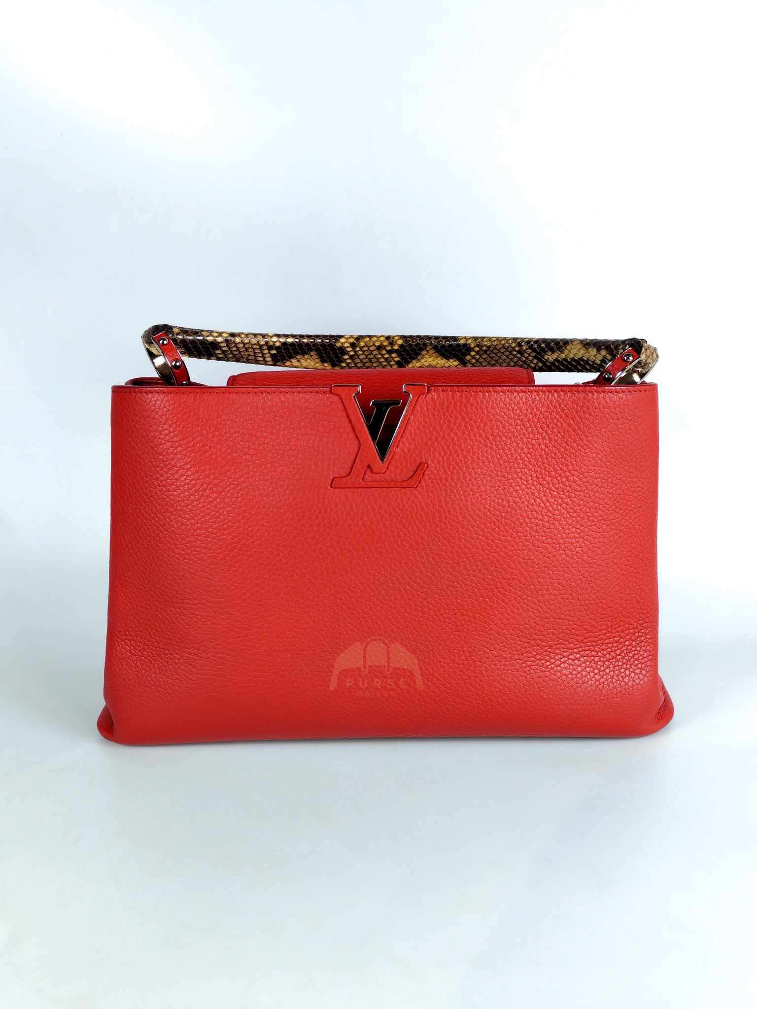 Capucines GM Red Python Handle Taurillon Clemence Leather Handbag (Date Code: MI1185) | Purse Maison Luxury Bags Shop