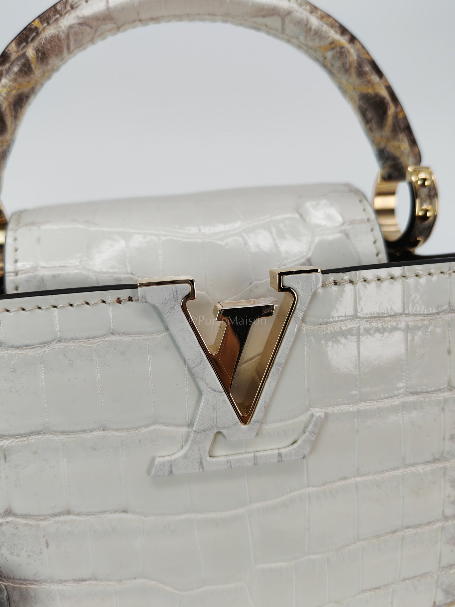 Capucines Mini Himalayan Crocodile Leather and Gold Hardware (Microchip) | Purse Maison Luxury Bags Shop