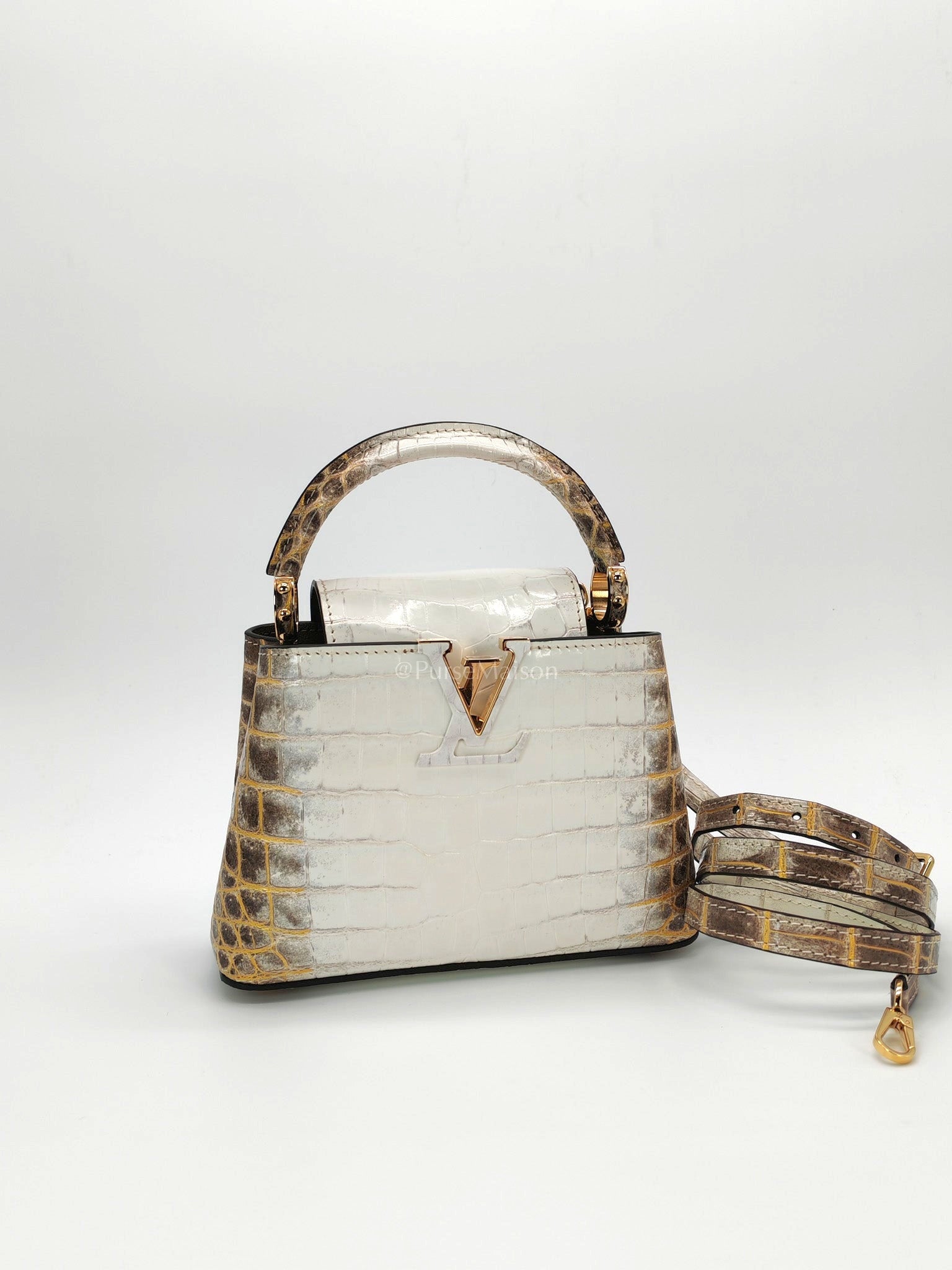 Capucines Mini Himalayan Crocodile Leather and Gold Hardware (Microchip) | Purse Maison Luxury Bags Shop