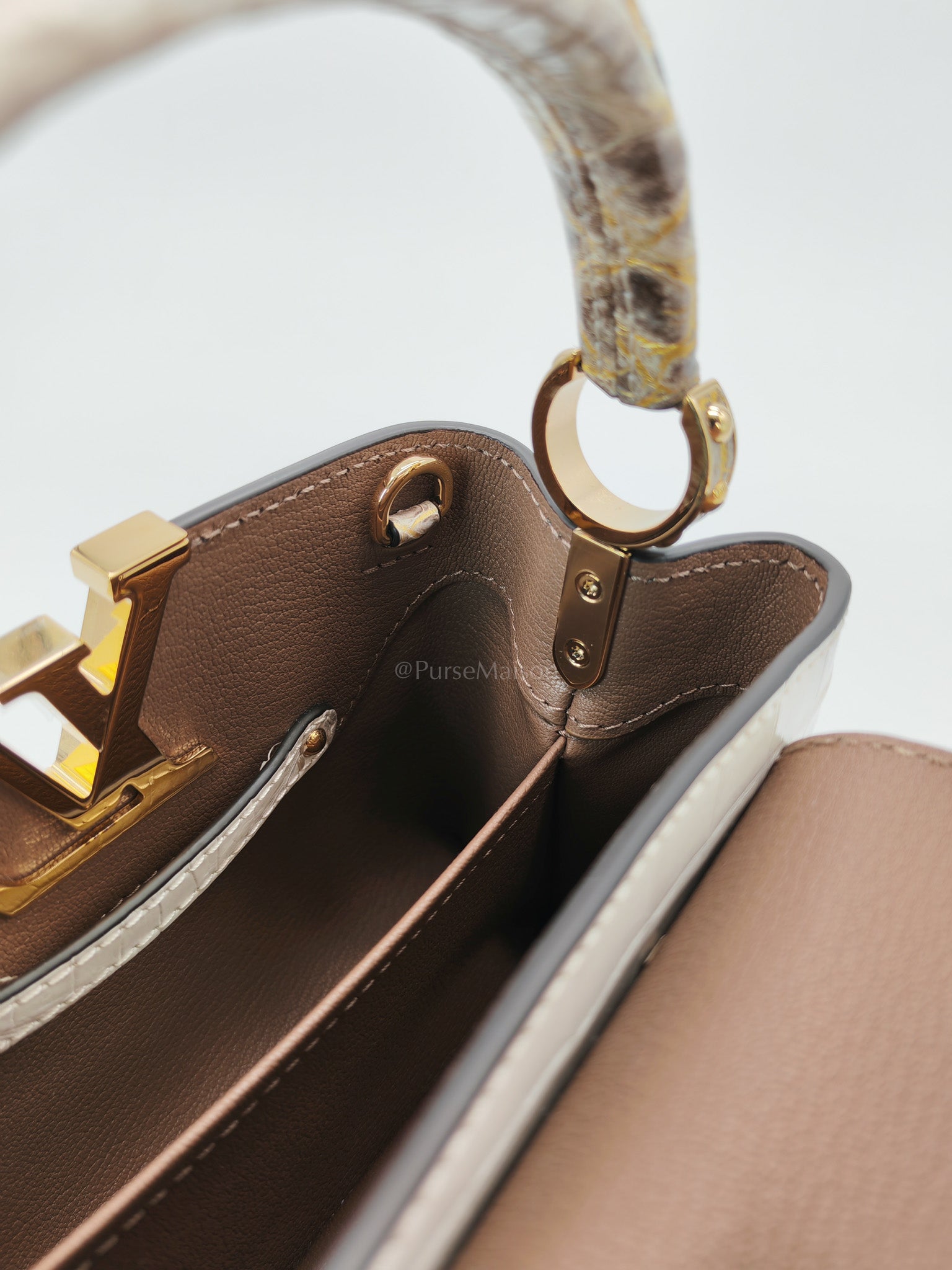 Capucines Mini Himalayan Crocodile Leather and Gold Hardware (Microchip) | Purse Maison Luxury Bags Shop