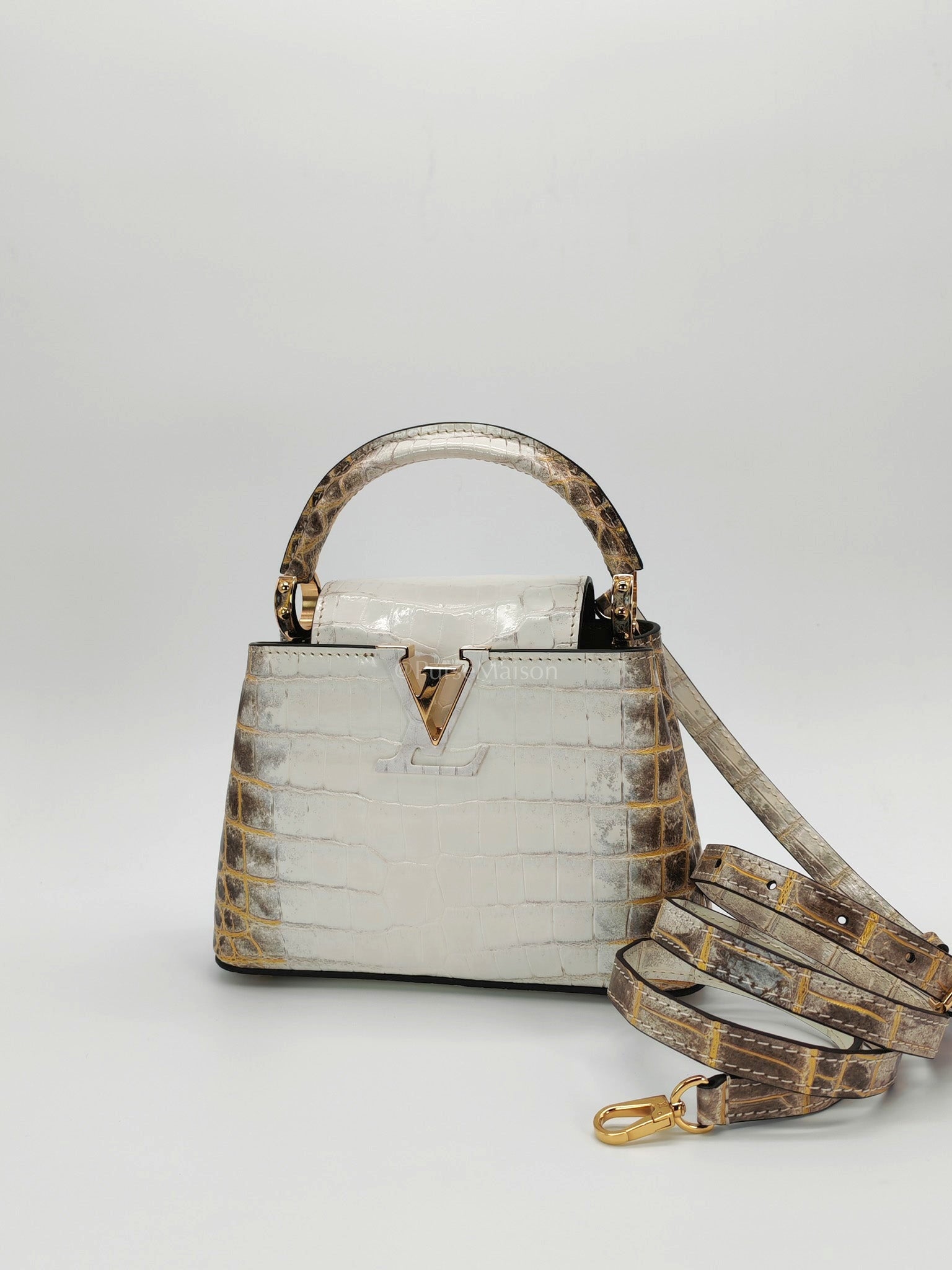 Capucines Mini Himalayan Crocodile Leather and Gold Hardware (Microchip) | Purse Maison Luxury Bags Shop