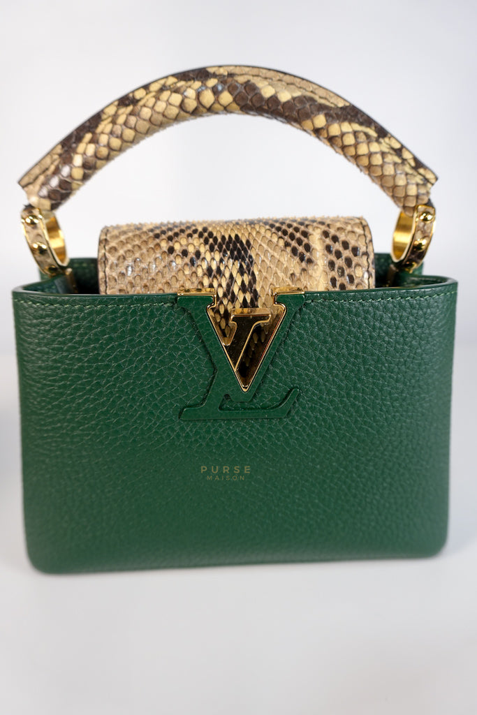 Capucines Mini in Emeraude Green Taurillon Leather Python Skin (Date Code: AH2199) | Purse Maison Luxury Bags Shop