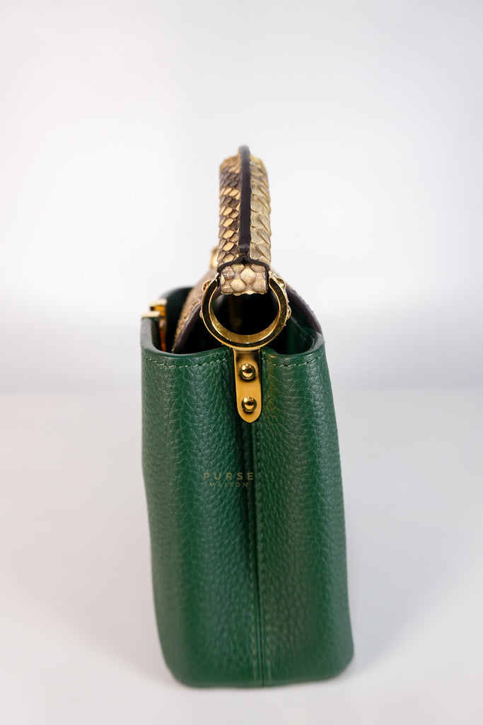 Capucines Mini in Emeraude Green Taurillon Leather Python Skin (Date Code: AH2199) | Purse Maison Luxury Bags Shop