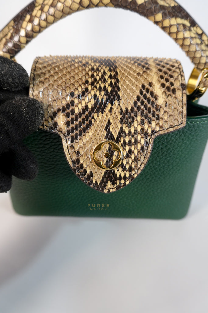 Capucines Mini in Emeraude Green Taurillon Leather Python Skin (Date Code: AH2199) | Purse Maison Luxury Bags Shop