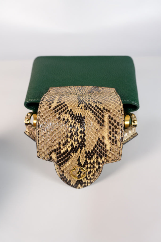 Capucines Mini in Emeraude Green Taurillon Leather Python Skin (Date Code: AH2199) | Purse Maison Luxury Bags Shop